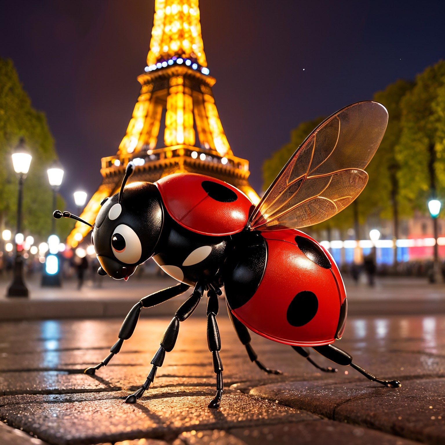 Whimsical Cartoon Ladybug on Paris Cobblestone Street