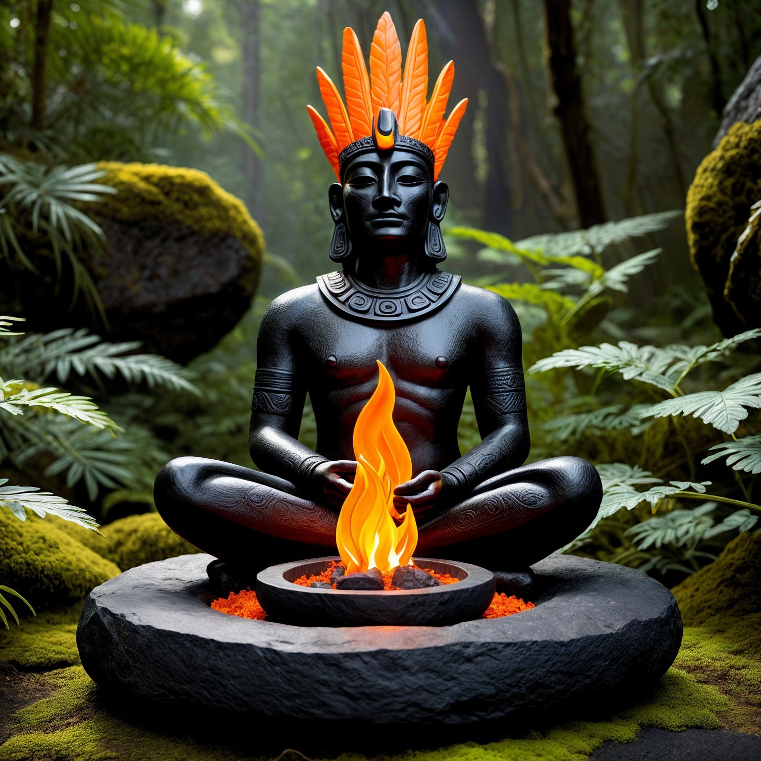 Black Meditating Statue Surrounded by Green Forest Foliage