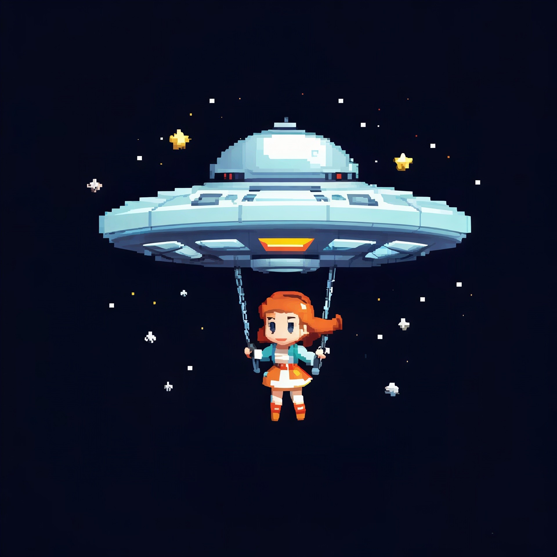 UFO and Girl on Swing in Pixel Art Illustration