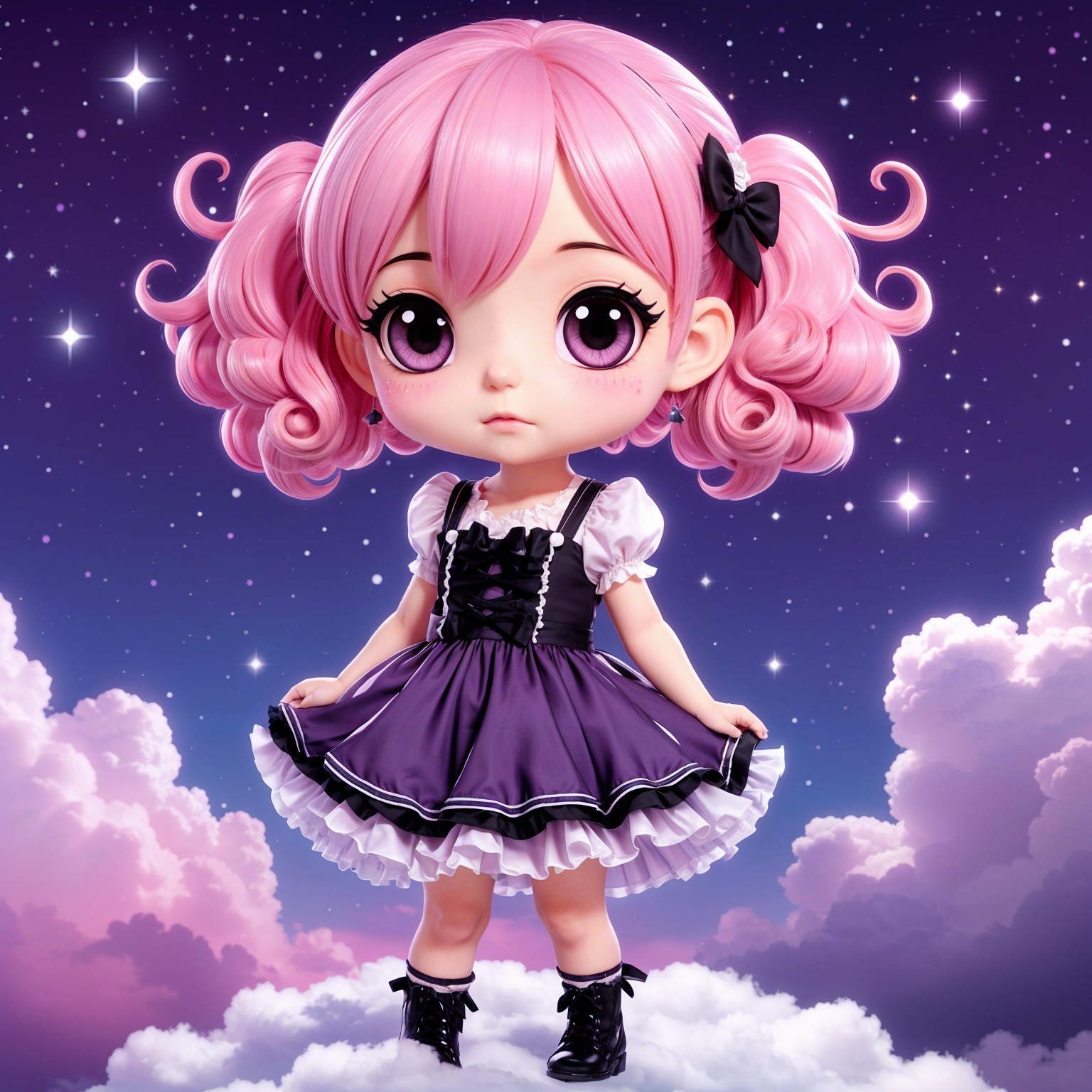 Chibi-style doll on clouds with starry night background