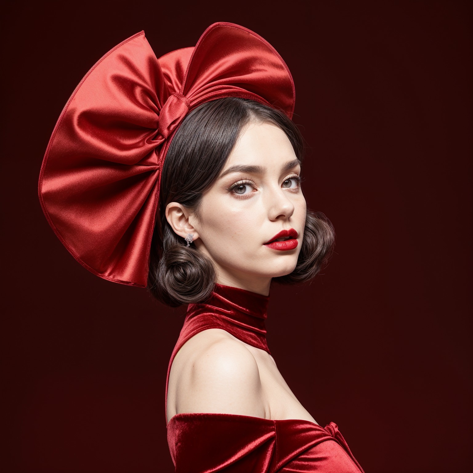 Elegant Young Woman in Red Gown Against Red Backdrop