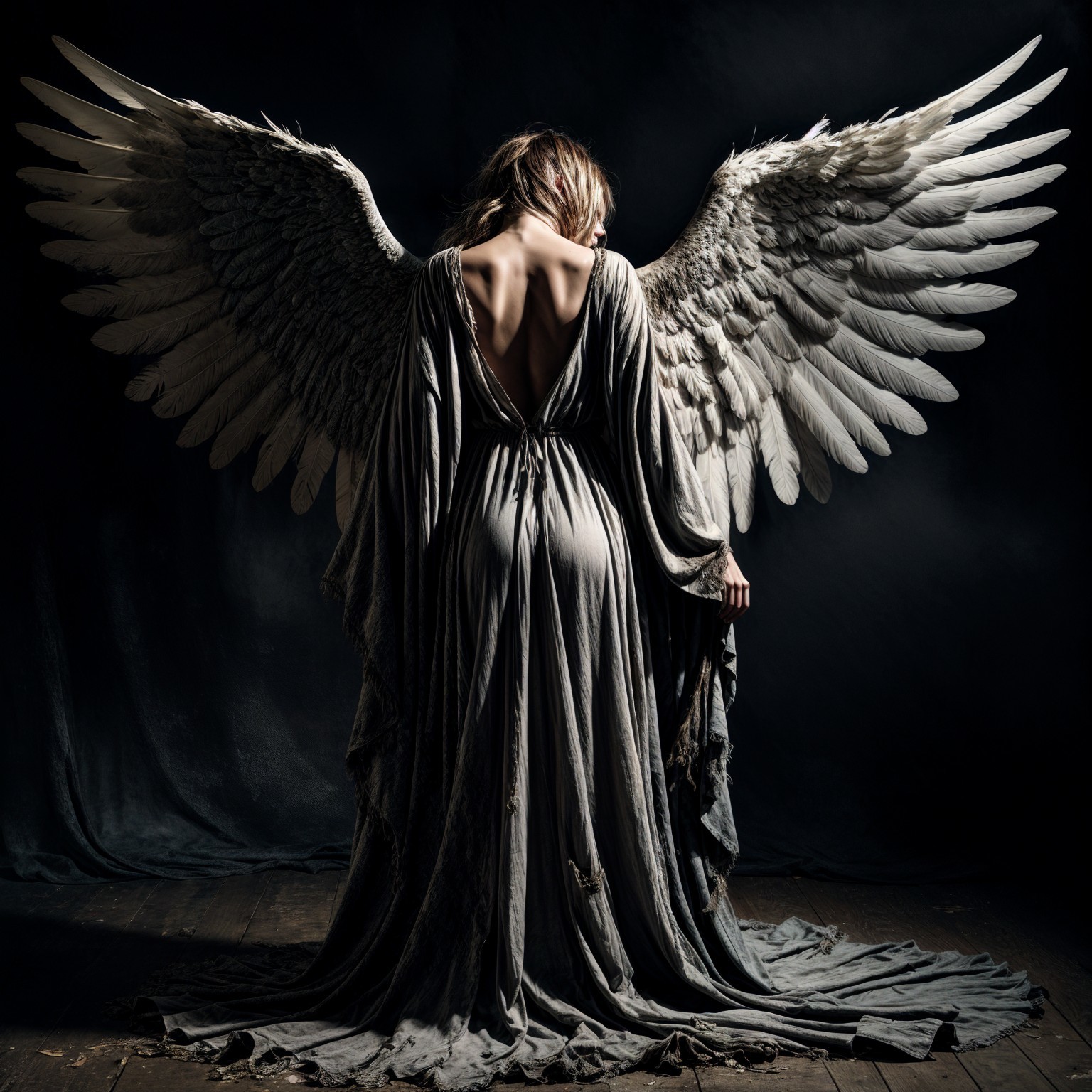 Figure with Large Wings in Tattered Gray Gown
