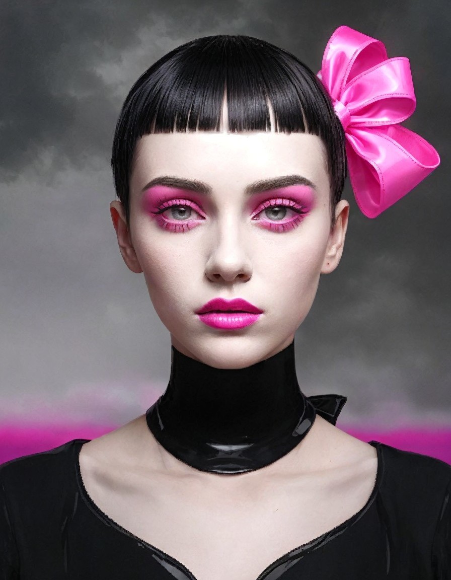 Model with Blunt Bob Haircut and Pink Bow Accessory