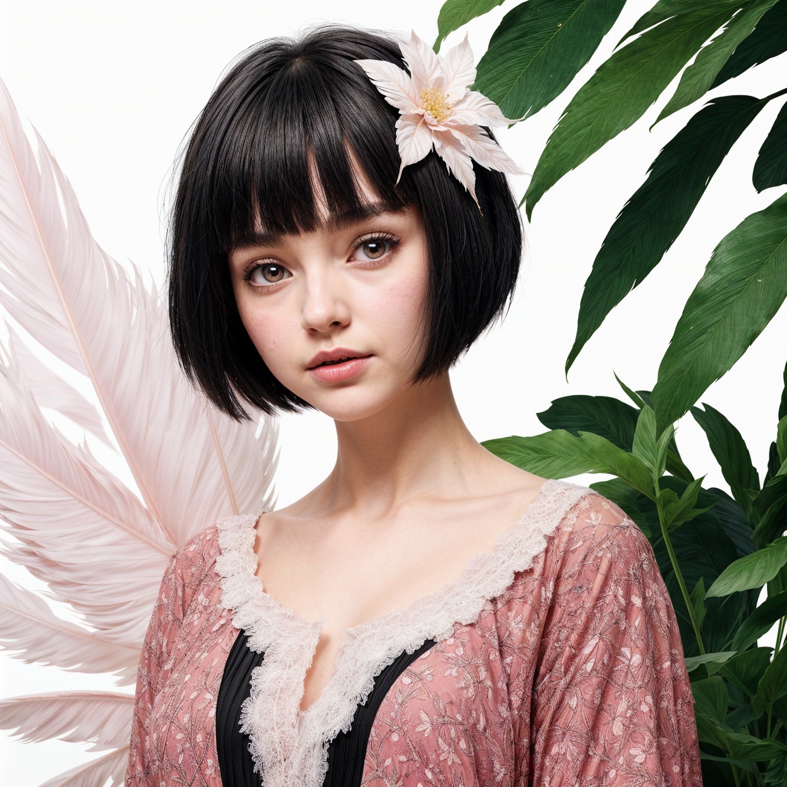 Young woman with bob haircut and floral attire