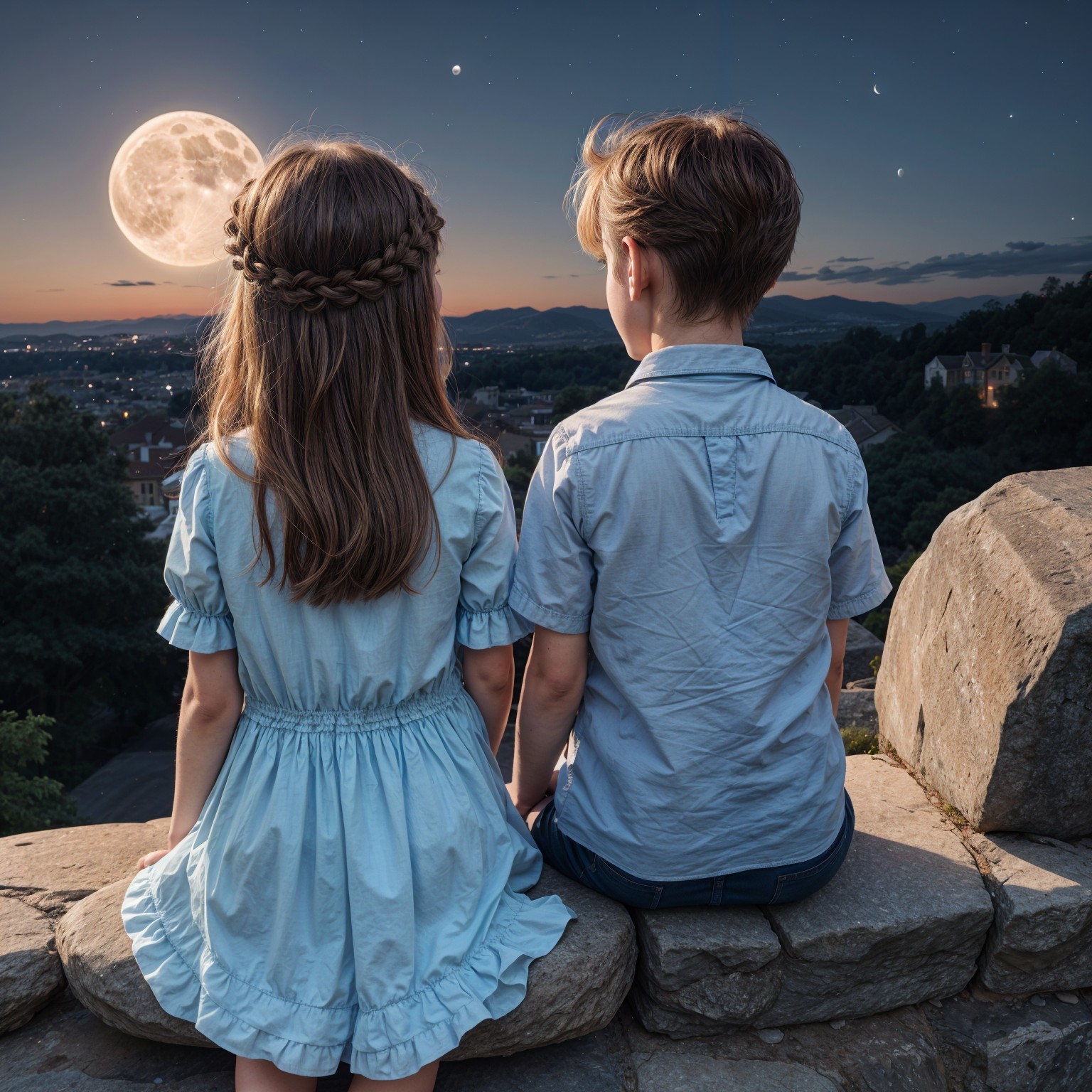 Children on a stone wall under a luminous moon