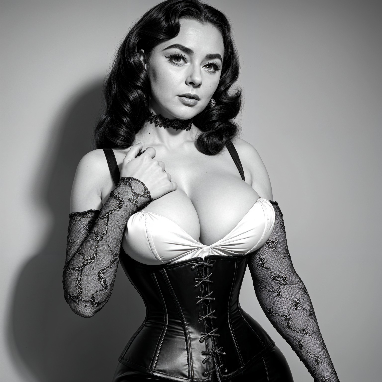 Black-and-white portrait of a woman in a corset