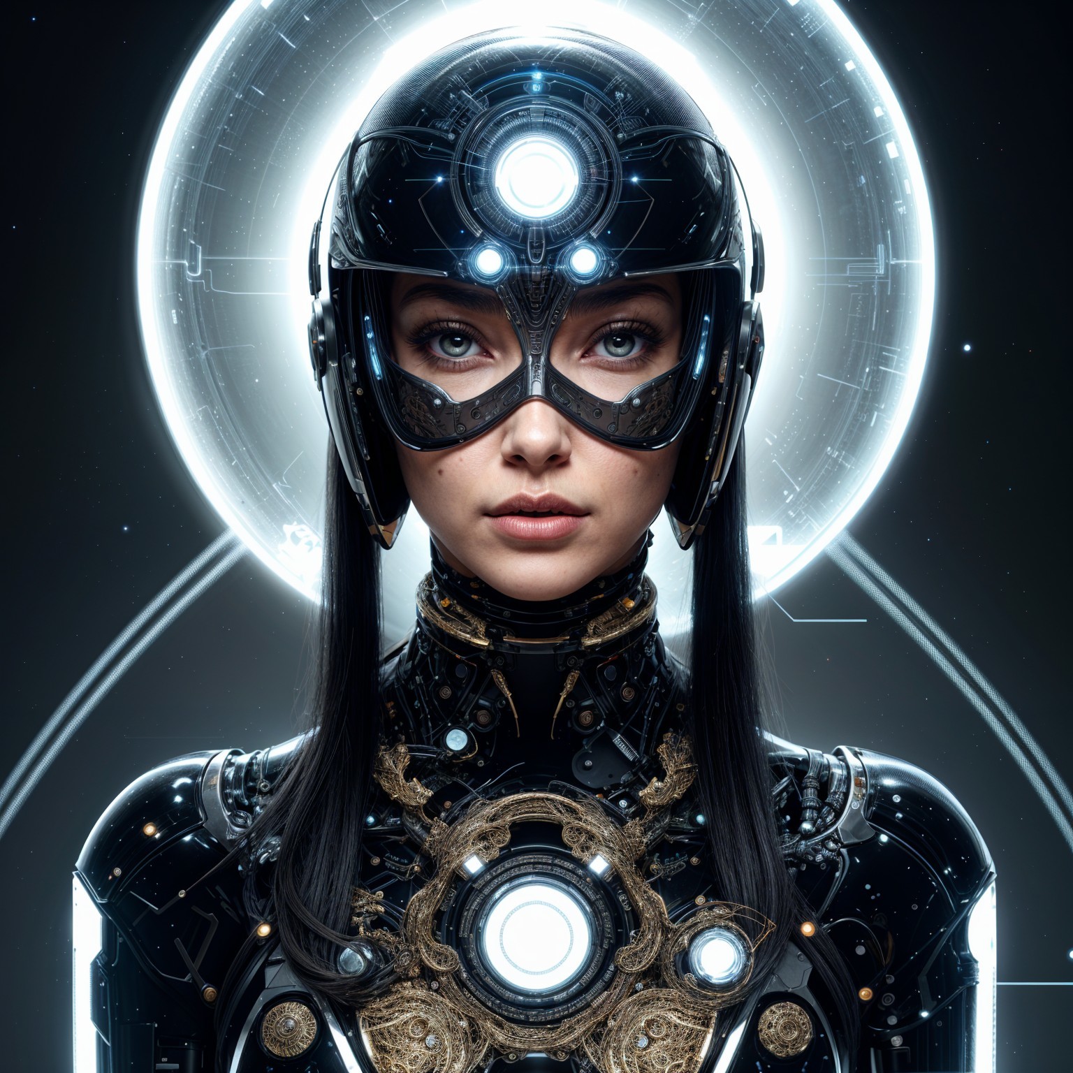 Futuristic Female Figure in Black Robotic Armor