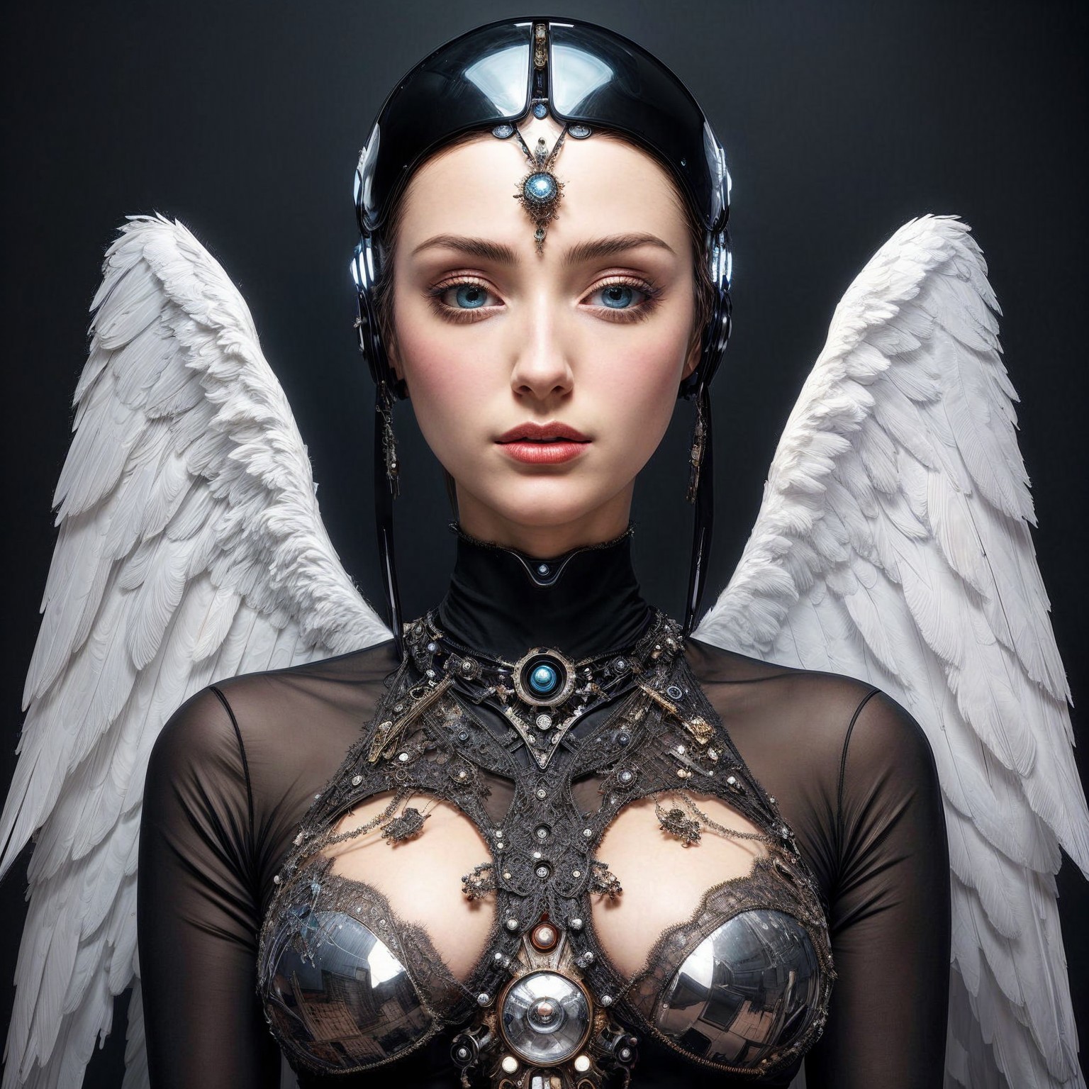 Ethereal Figure with Angelic Wings and Futuristic Attire