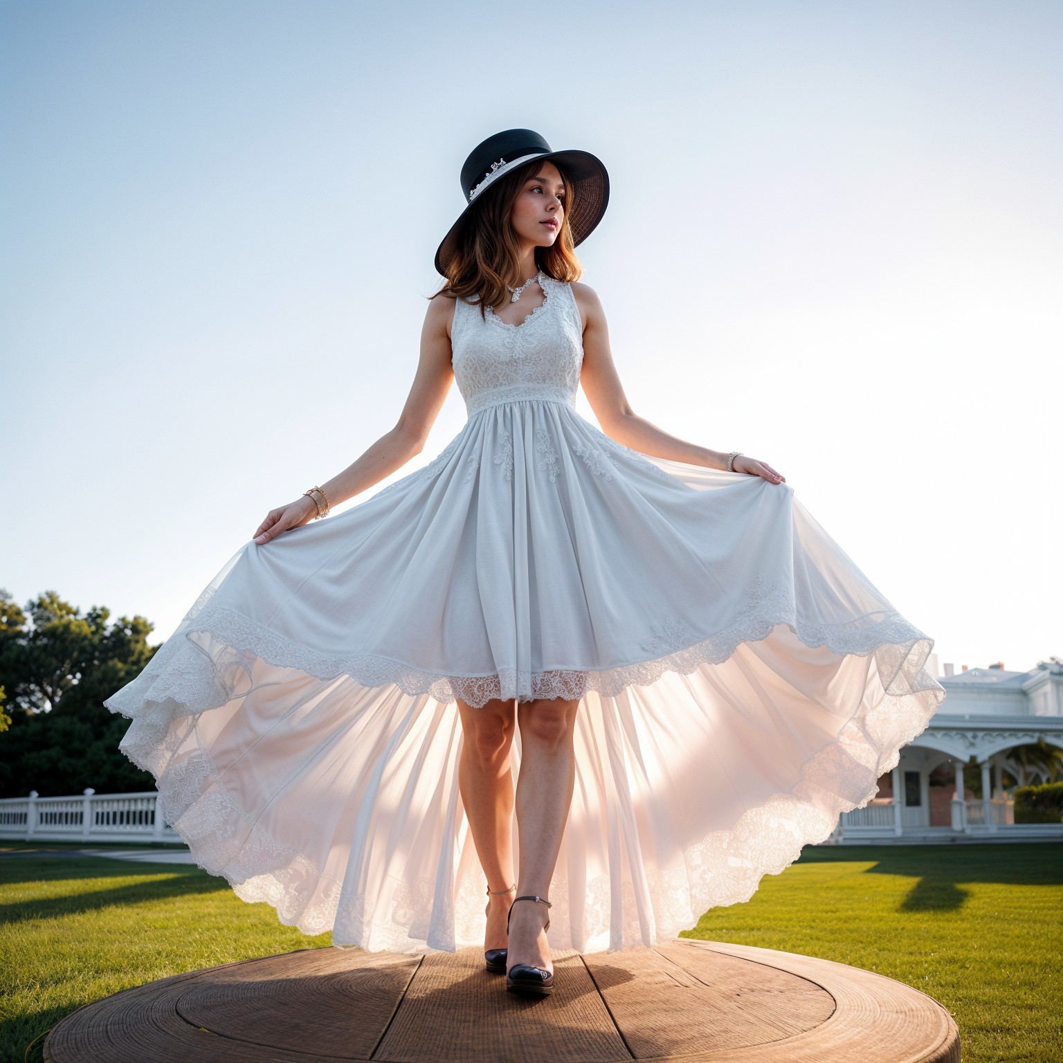 Woman in White Dress on Wooden Platform in Nature