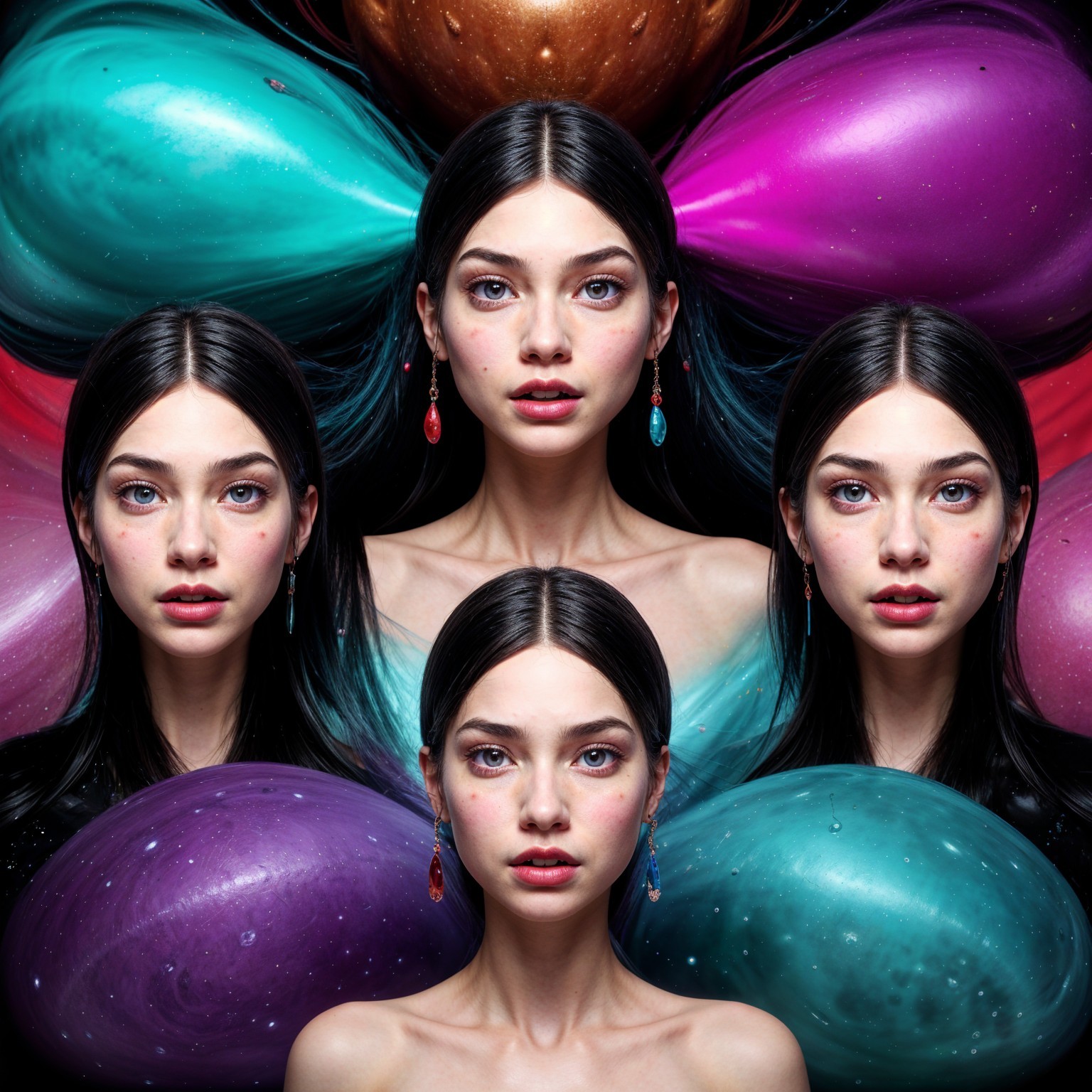 Serene Figure Surrounded by Kaleidoscopic Faces