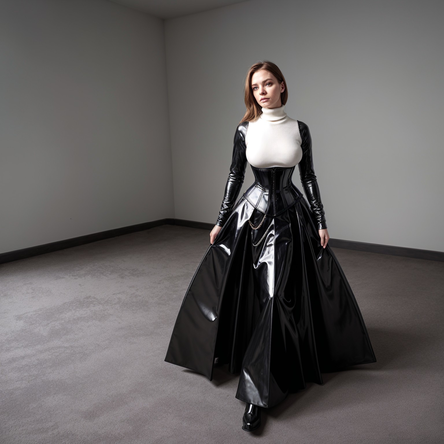 Model in Black Latex Gown in Modern Minimalist Space