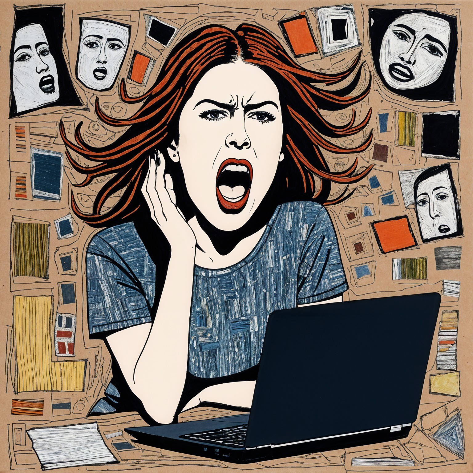 Frustrated Woman with Red Hair and Abstract Emotions