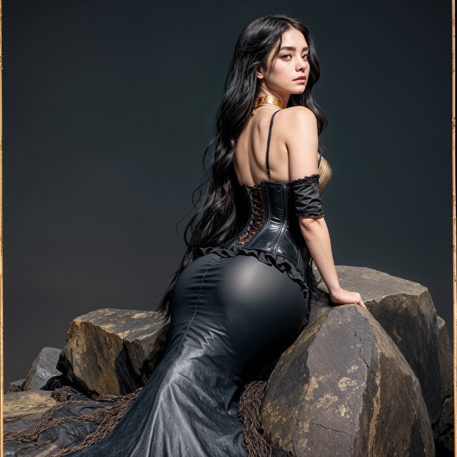 Elegant figure in dark gown on rocky surface