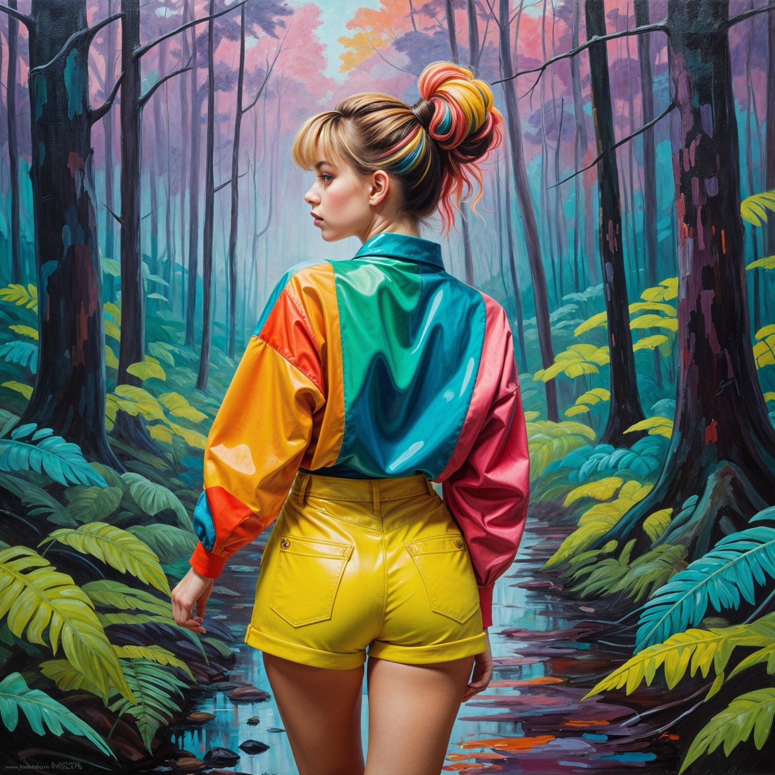 Young woman in vibrant outfit in surreal forest setting