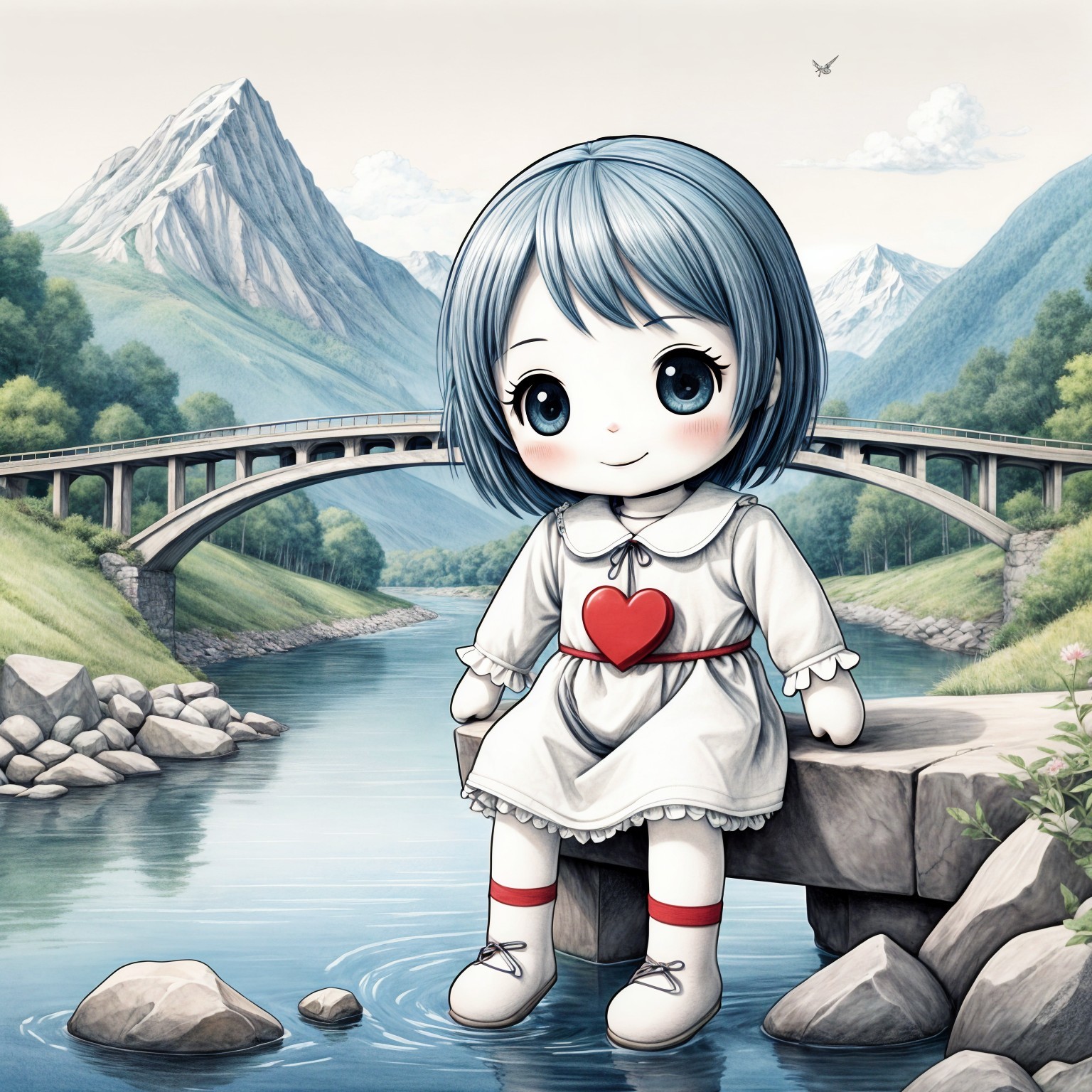Chibi Character by Serene River in Picturesque Landscape