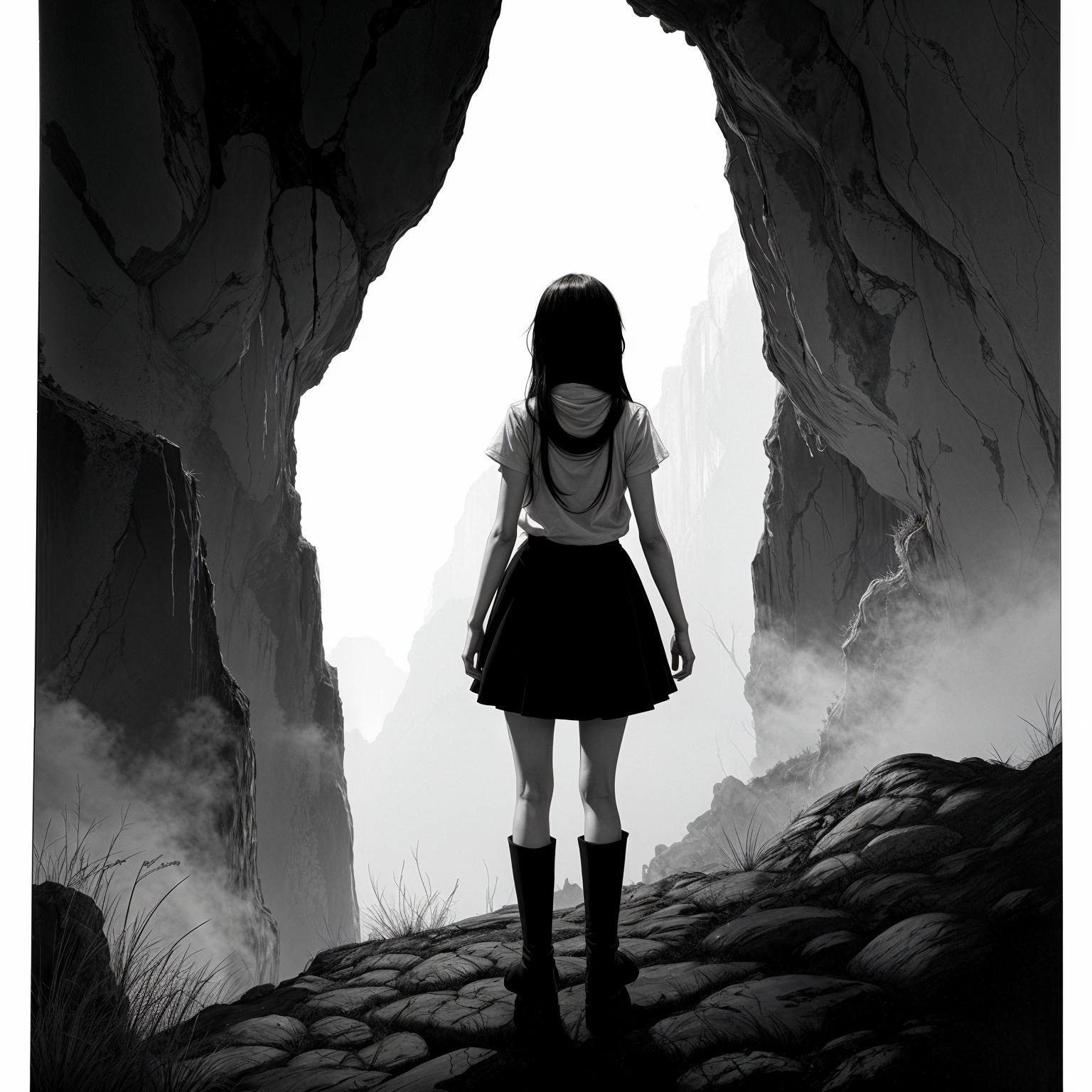 Solitary Figure at Cave Entrance with Ethereal Light
