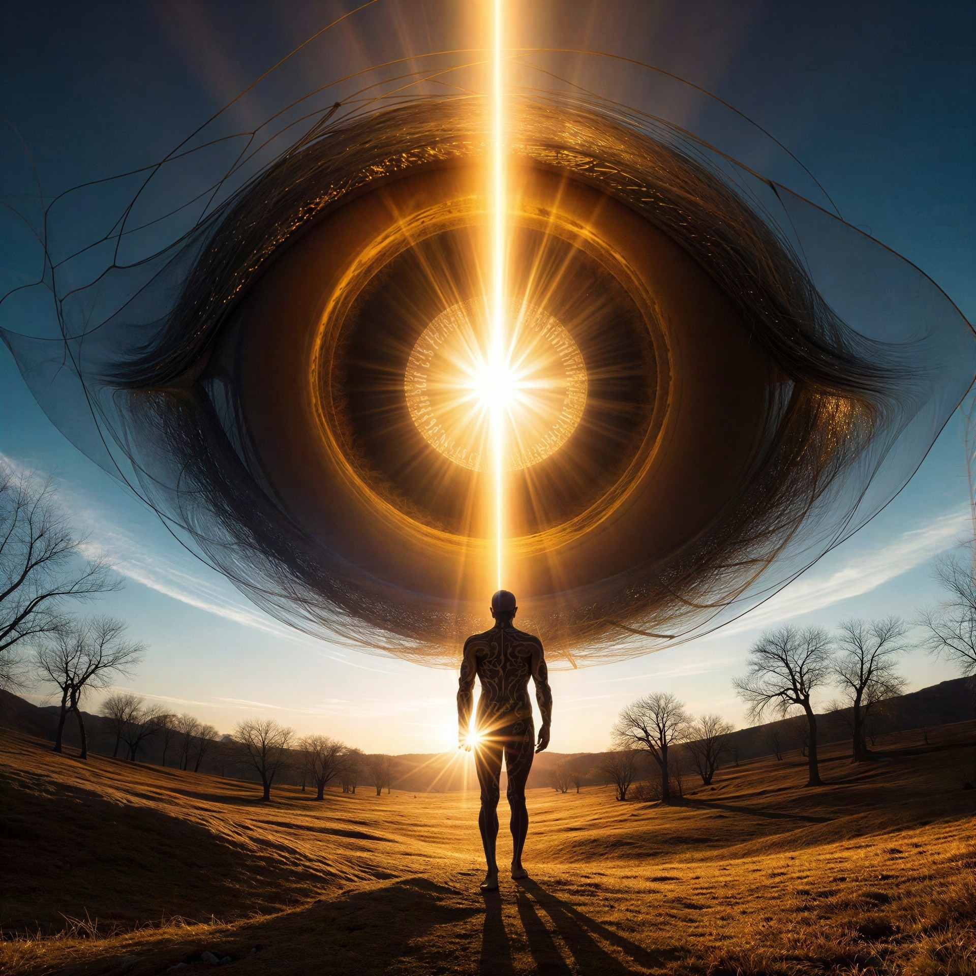 Silhouetted Figure in Golden Field Under Eye-Shaped Light