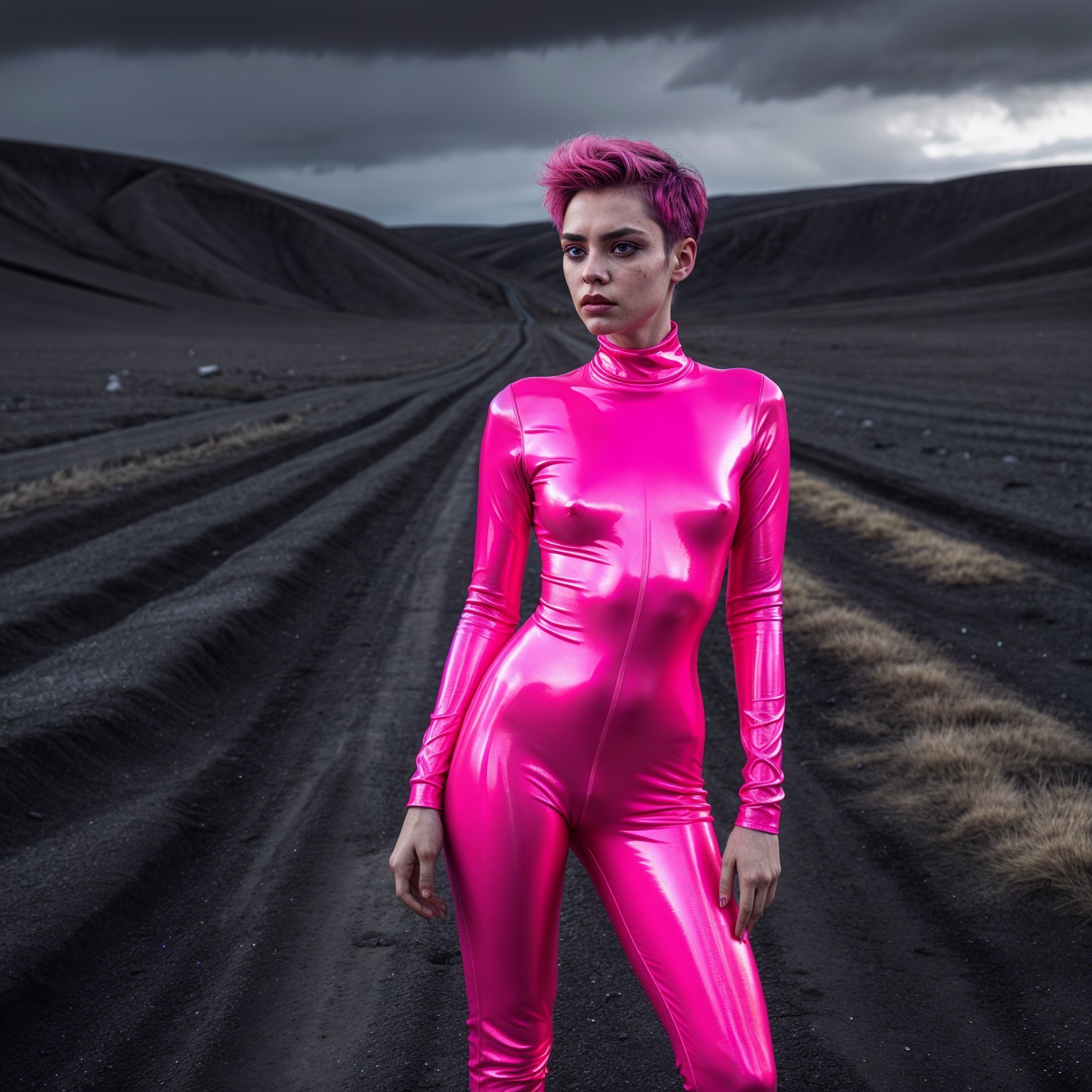 Model in Pink Bodysuit on Rugged Landscape