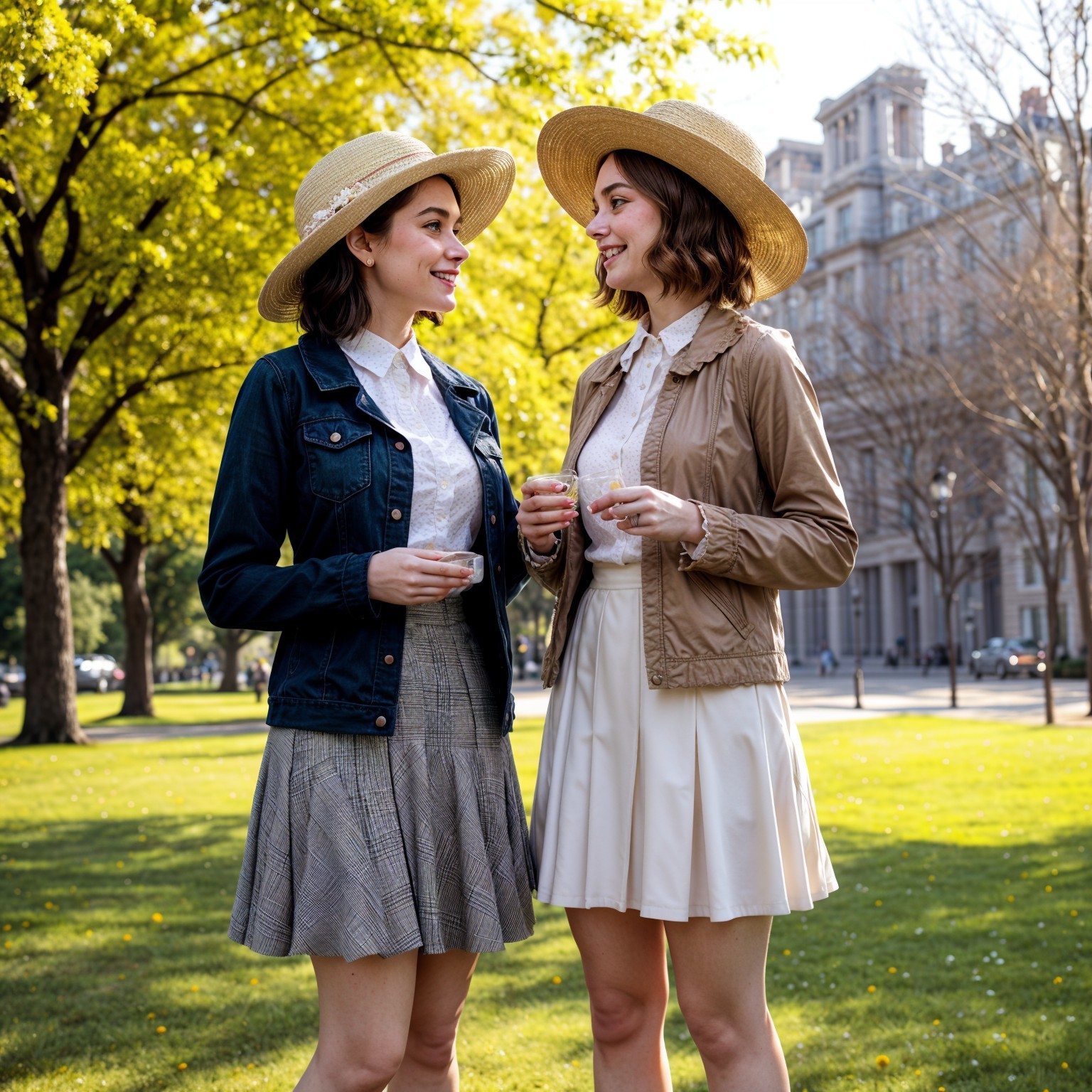 Young women in stylish outfits at sunlit park