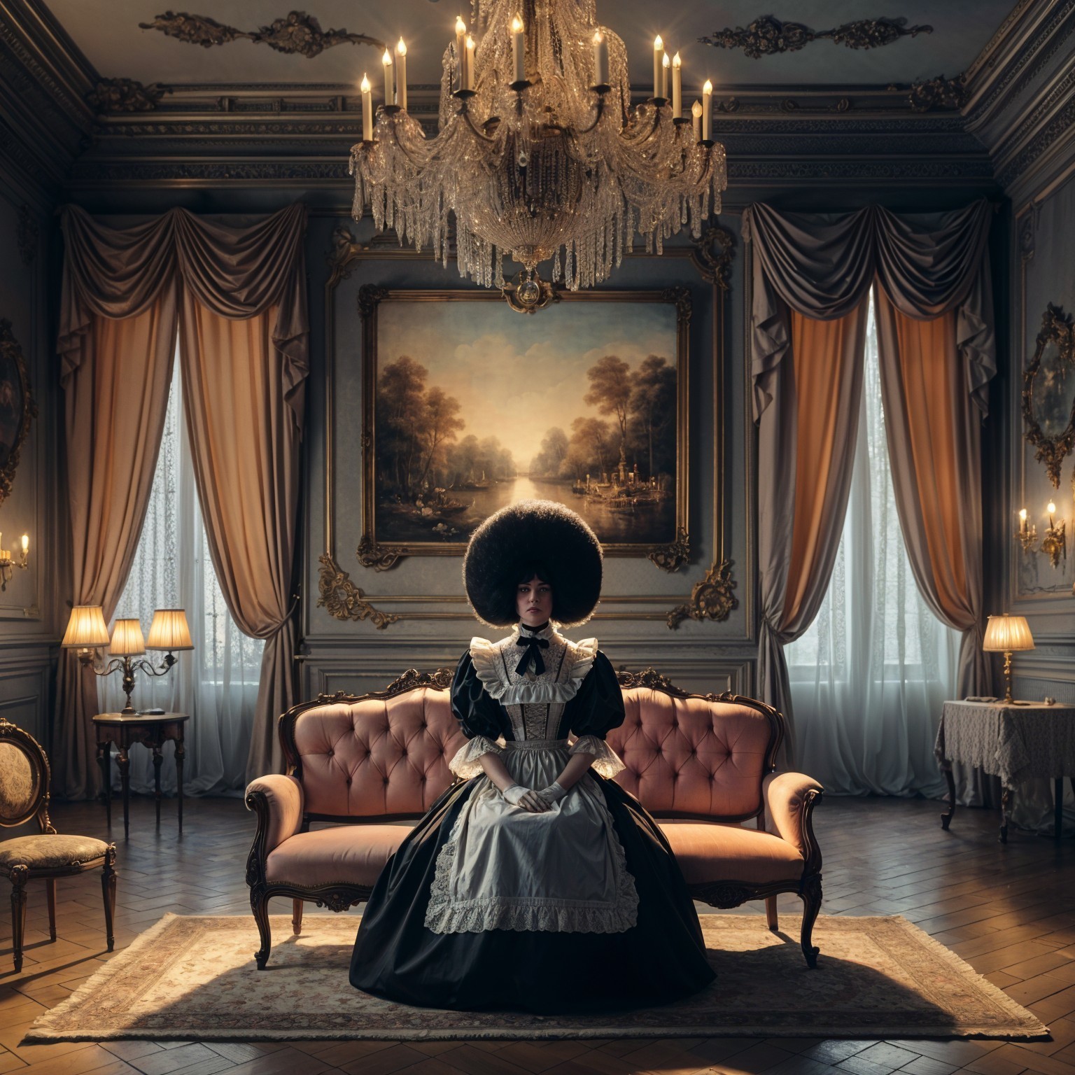 Dramatic Historical Scene with Woman in Black Dress