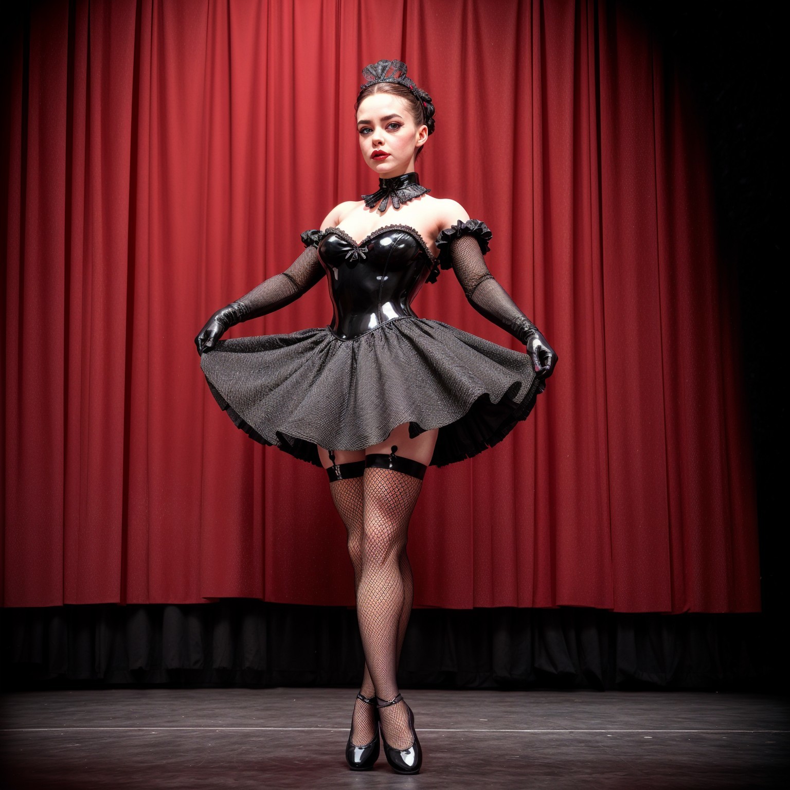 Performer in Black Corset Dress on Stage with Red Curtain