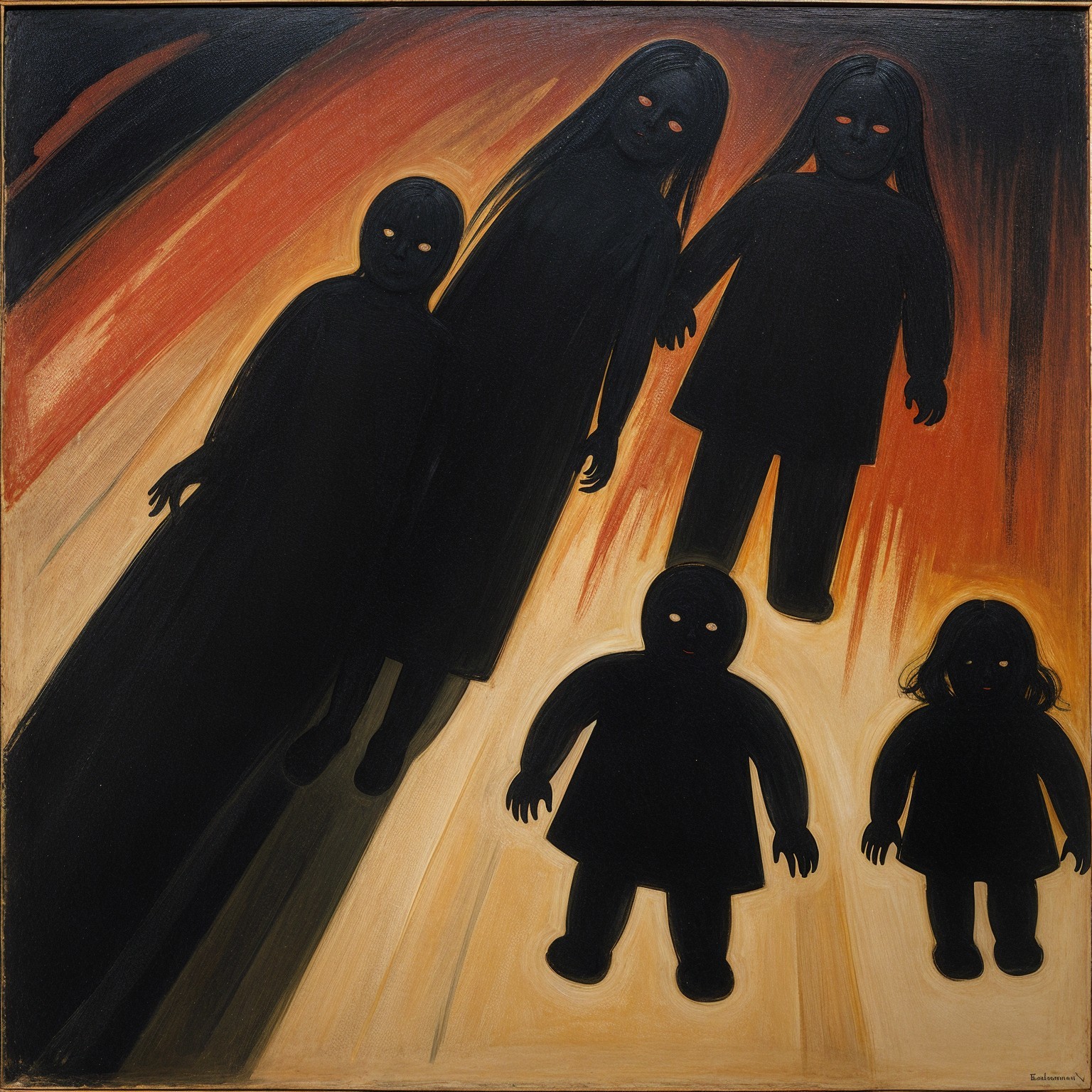 Five Shadowy Figures Against Warm Red and Orange Background