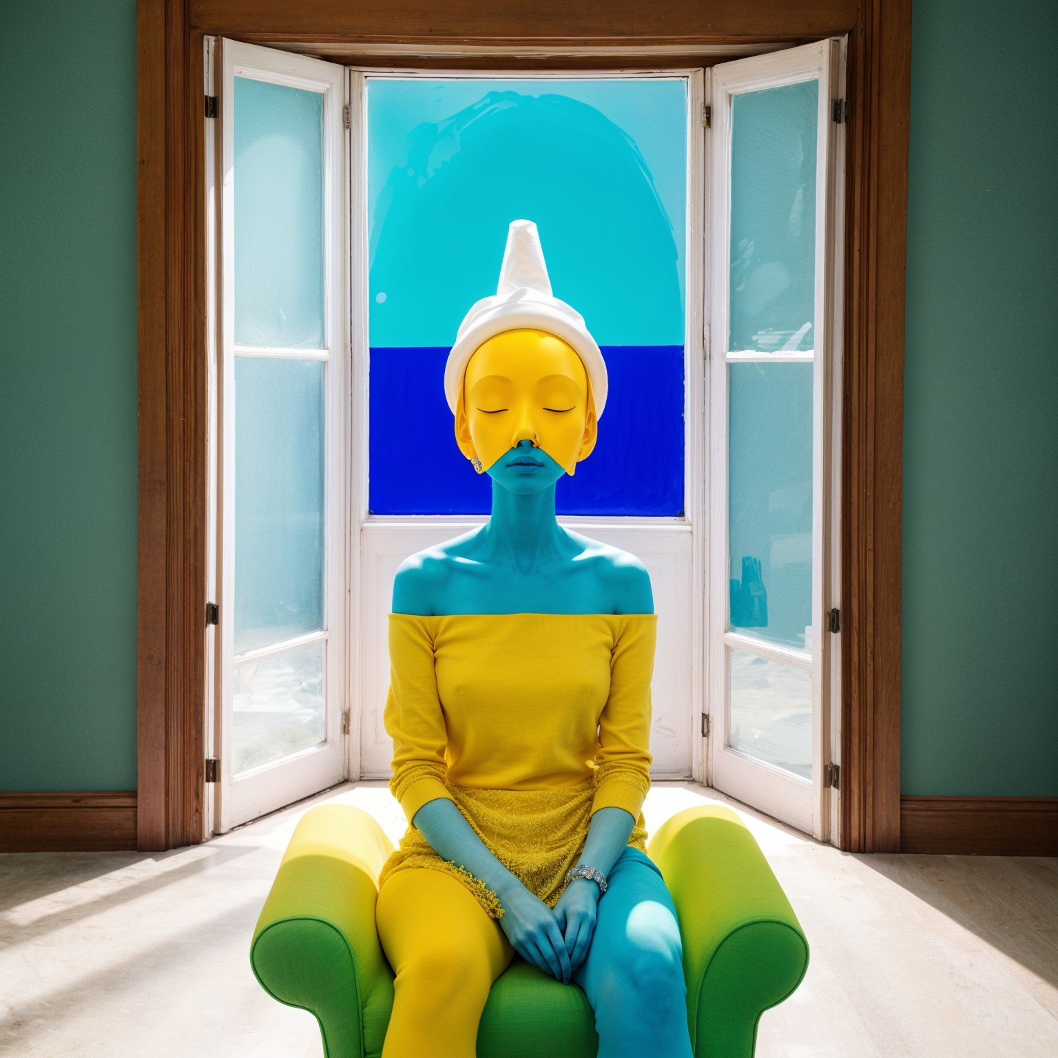 Stylized Figure on Colorful Chair by Large Window