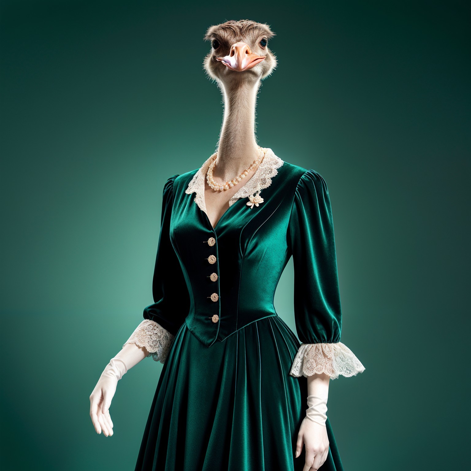 Elegant Ostrich in Vintage Velvet Gown Illustration
