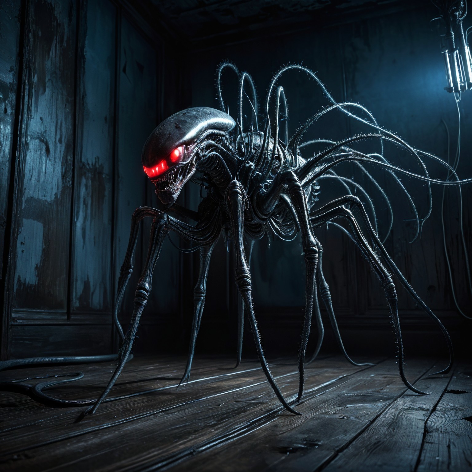 Futuristic Biomechanical Spider Creature in Dark Room