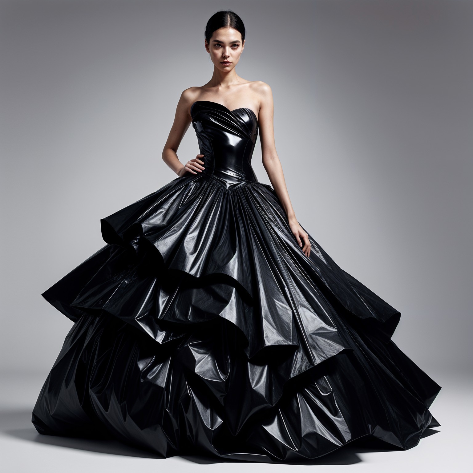 Elegant Strapless Black Ball Gown with Ruffles