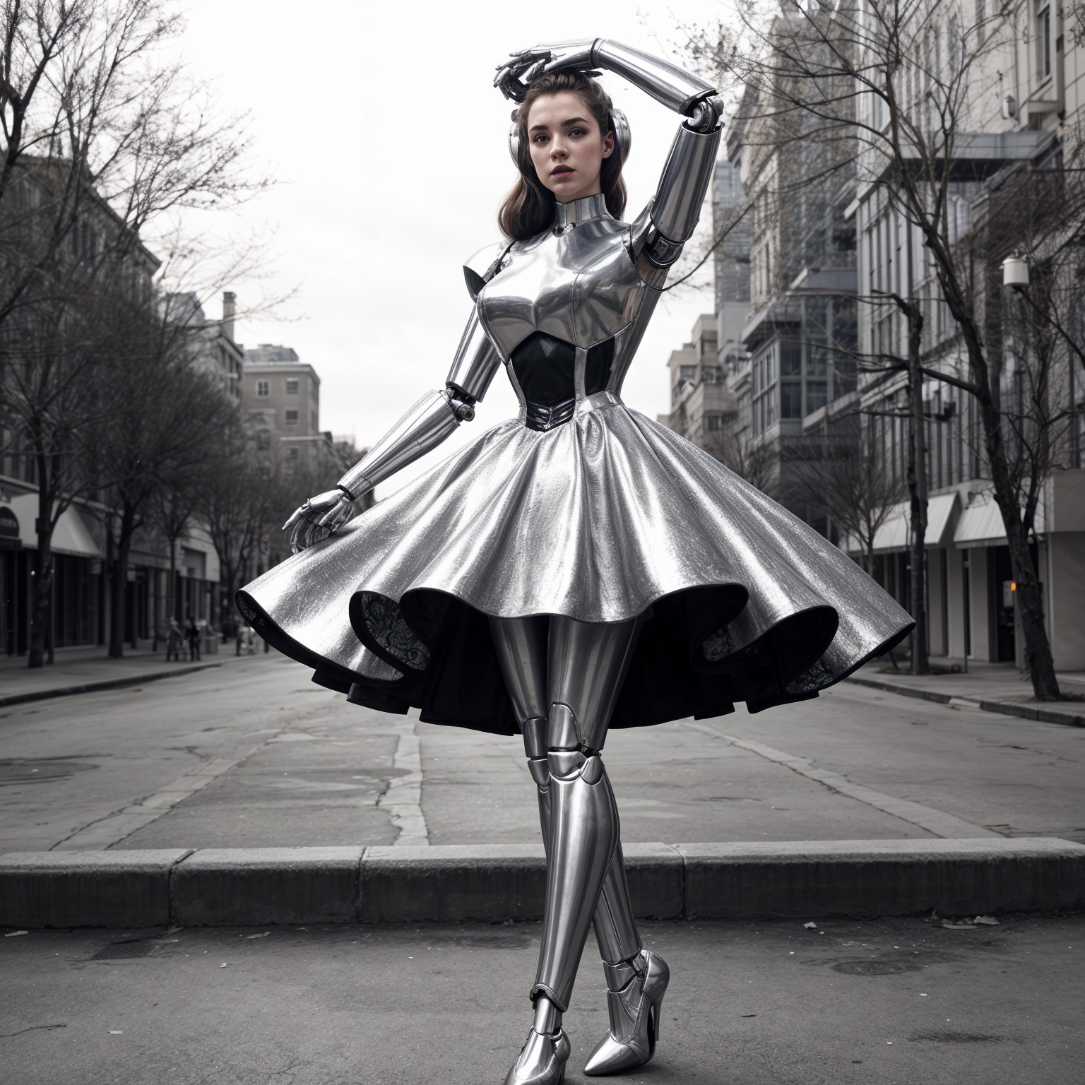 Futuristic Robot in Stylish Dress on Urban Street