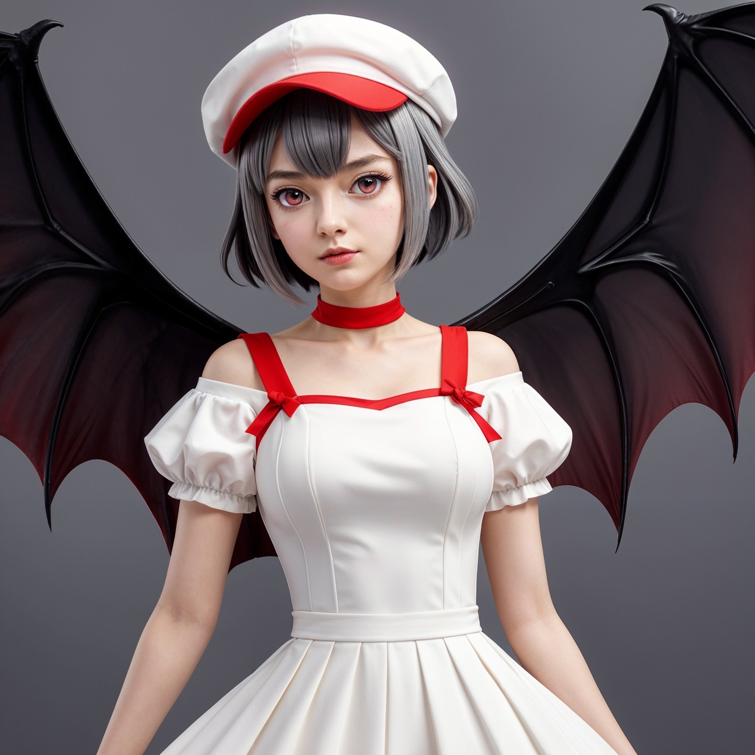 Character in White Dress with Bat Wings and Cap