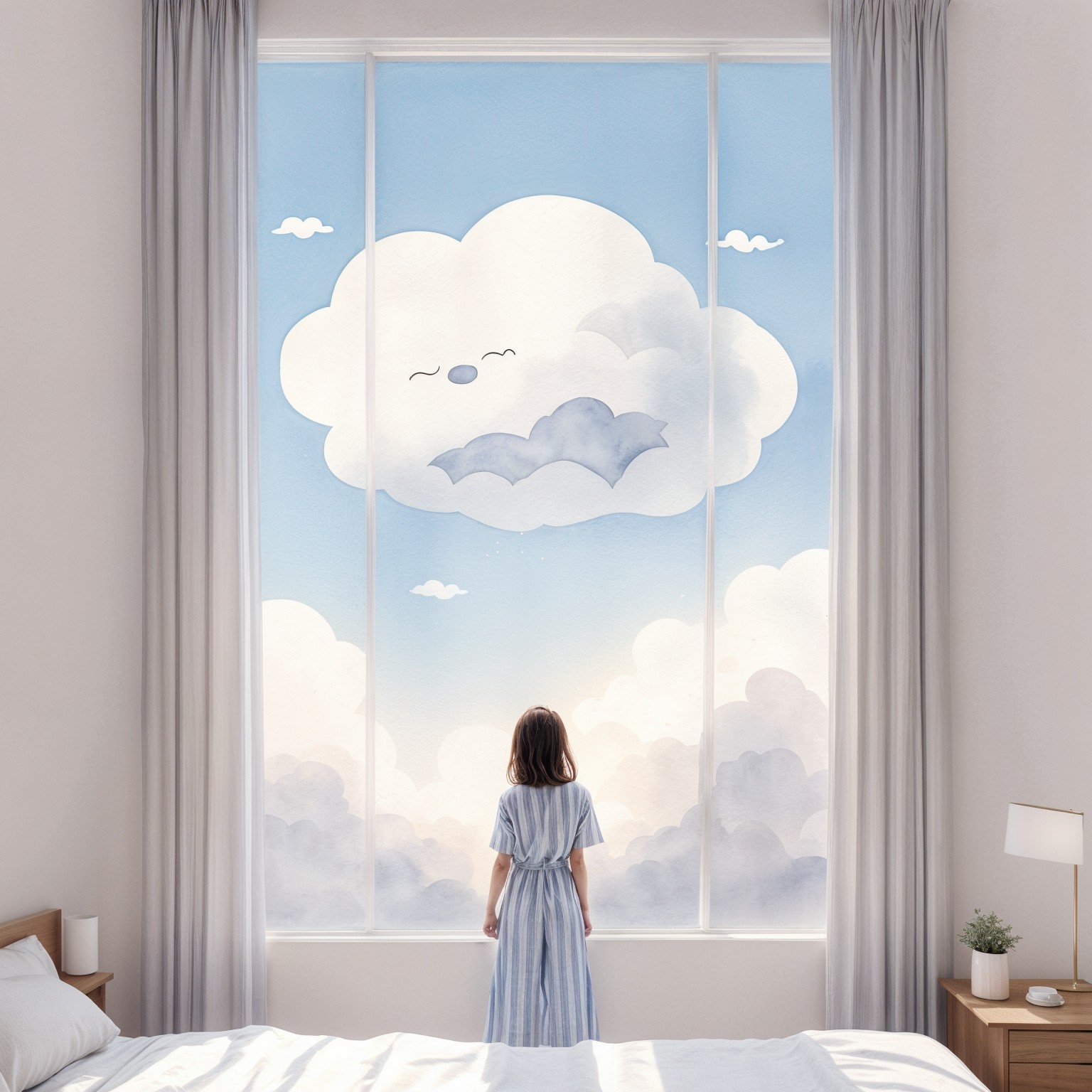 Young girl in dreamy bedroom with cloud-painted windows