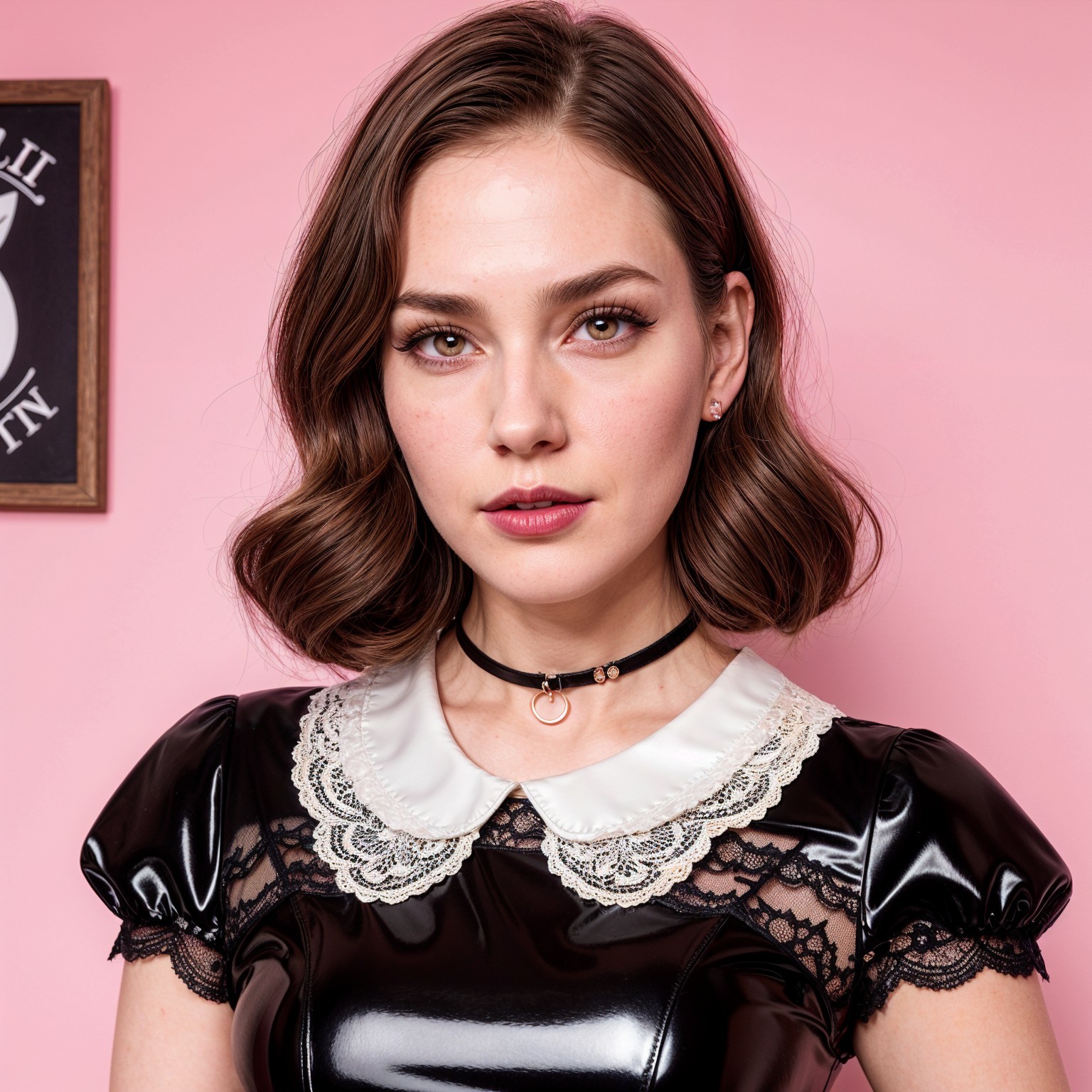 Young woman in black dress with white lace collar