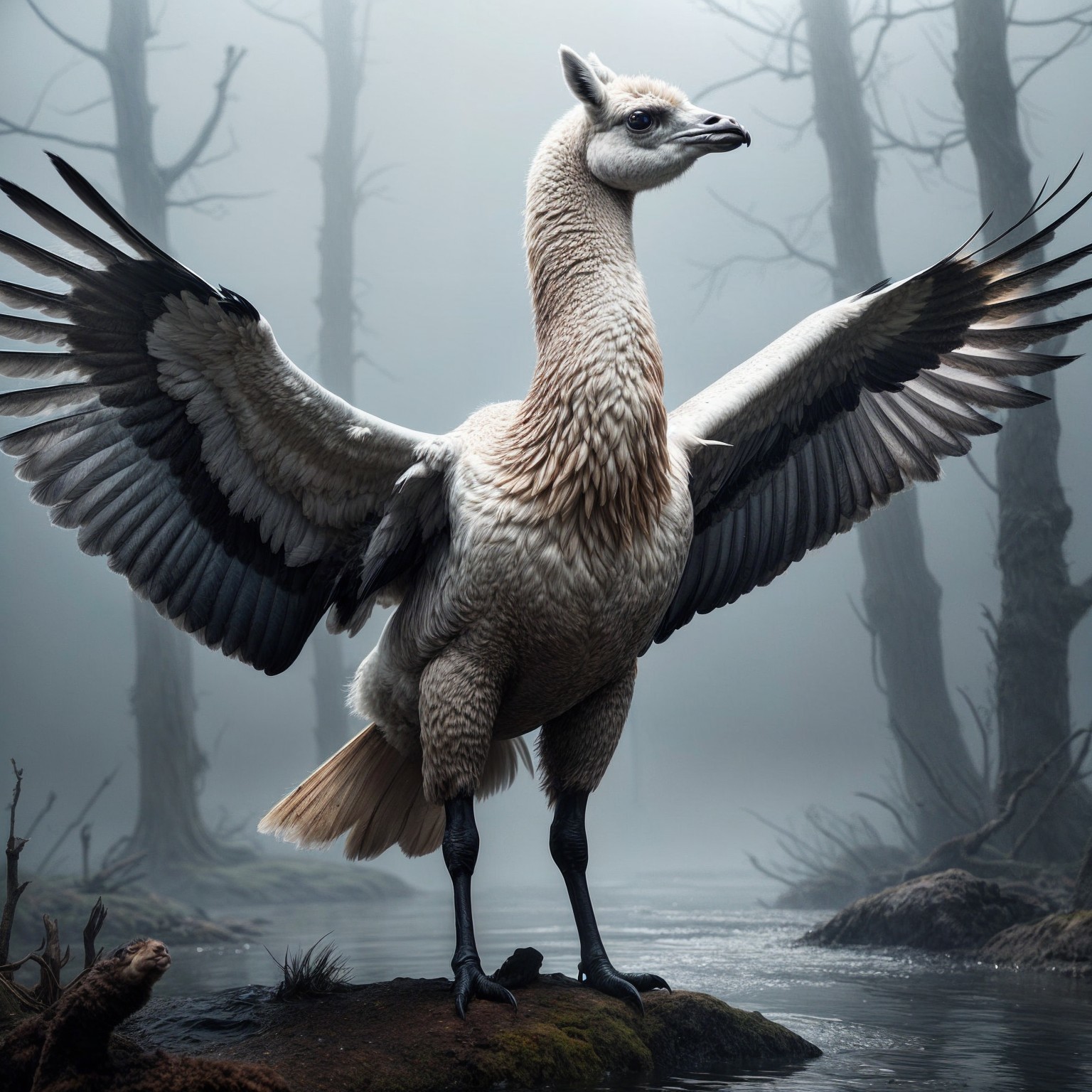 Mythical Creature on Rocky Outcrop by Misty River