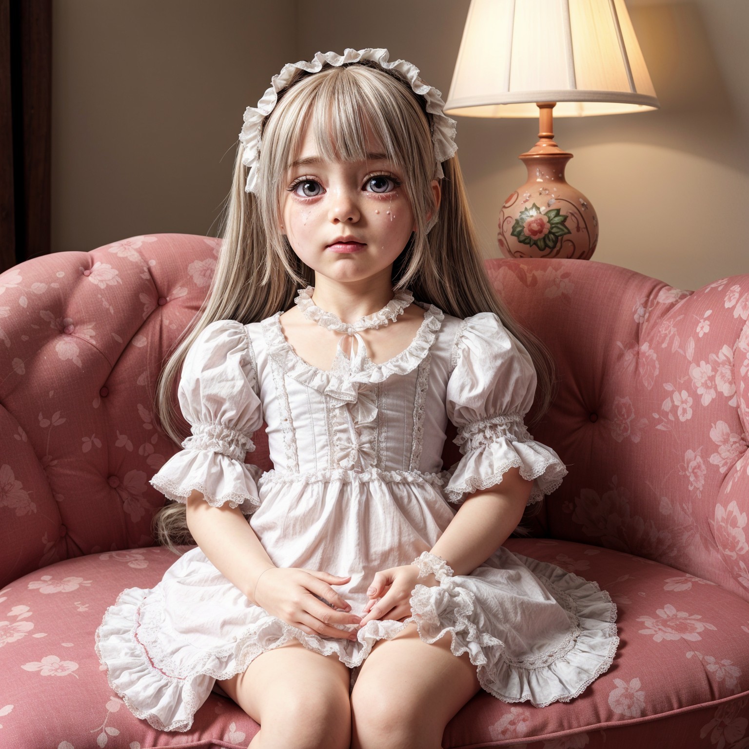 Young girl in white dress on vintage pink couch