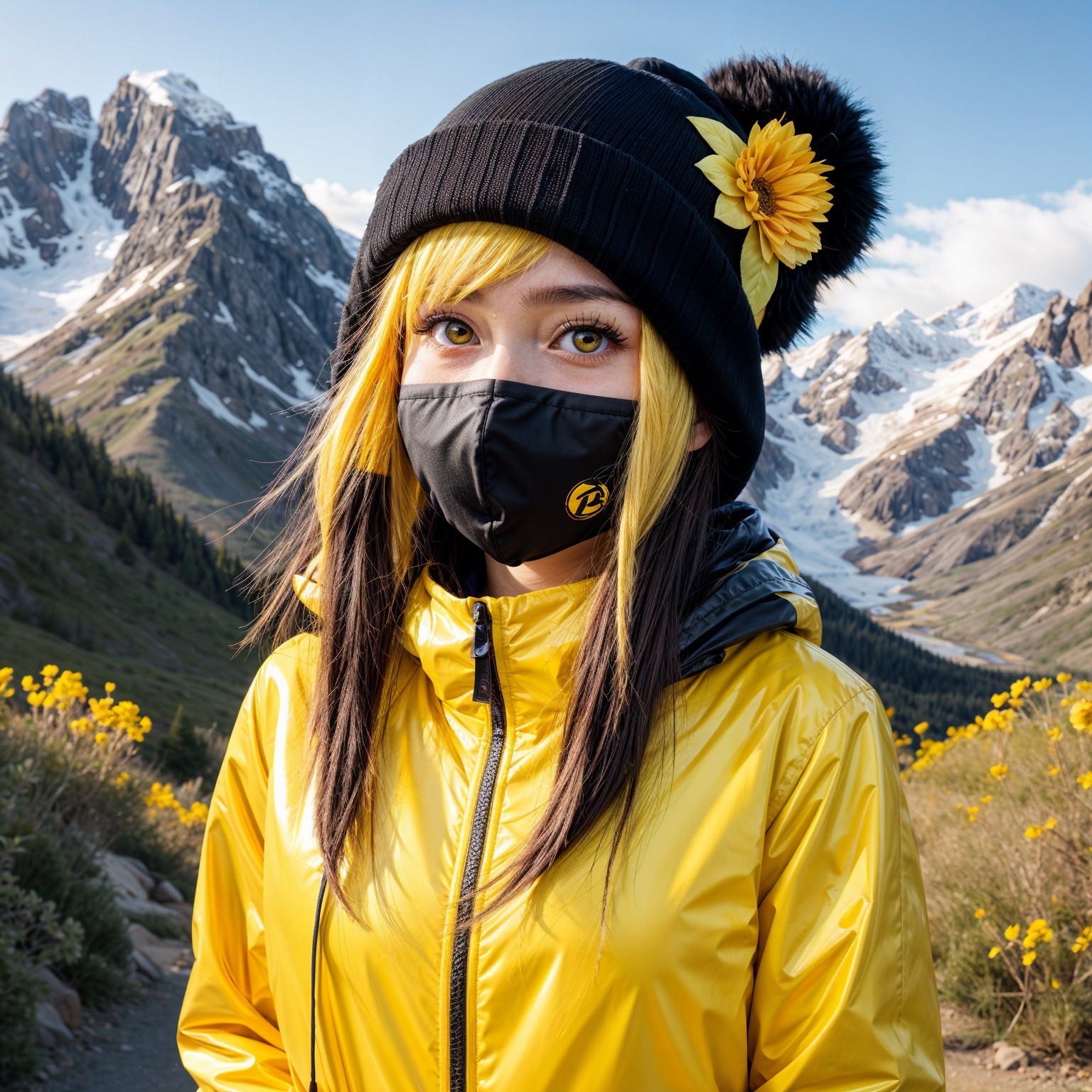 Young woman in yellow hair and black mask in mountains