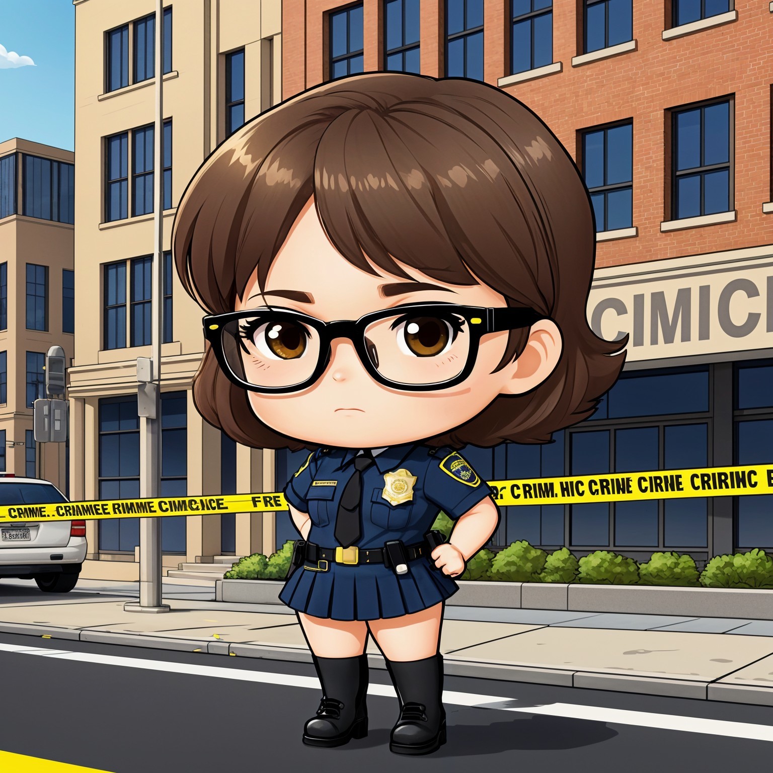 Chibi-Style Police Officer on City Street Scene
