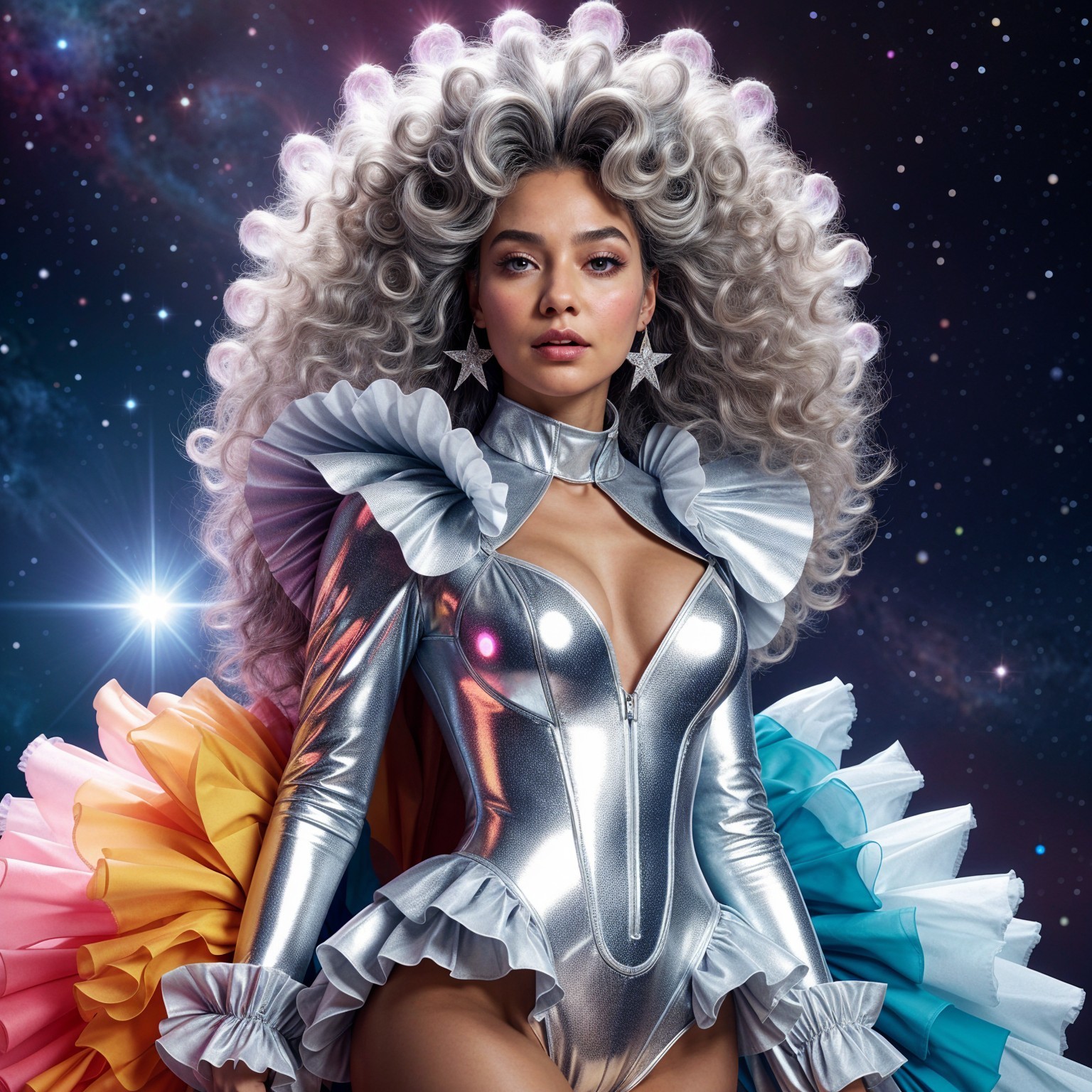 Futuristic figure in silver bodysuit against cosmos