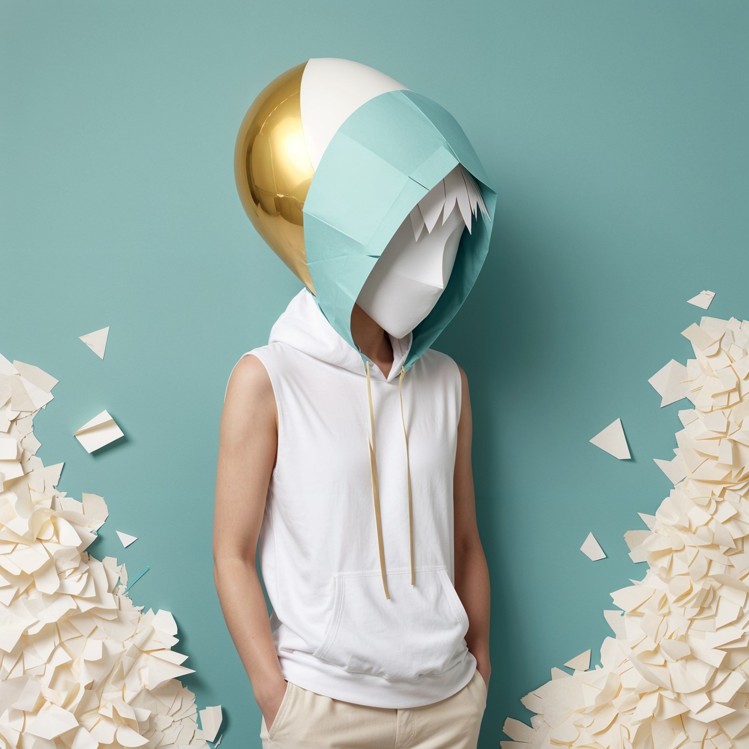 Oversized Gold and Teal Hooded Figure with Paper Texture