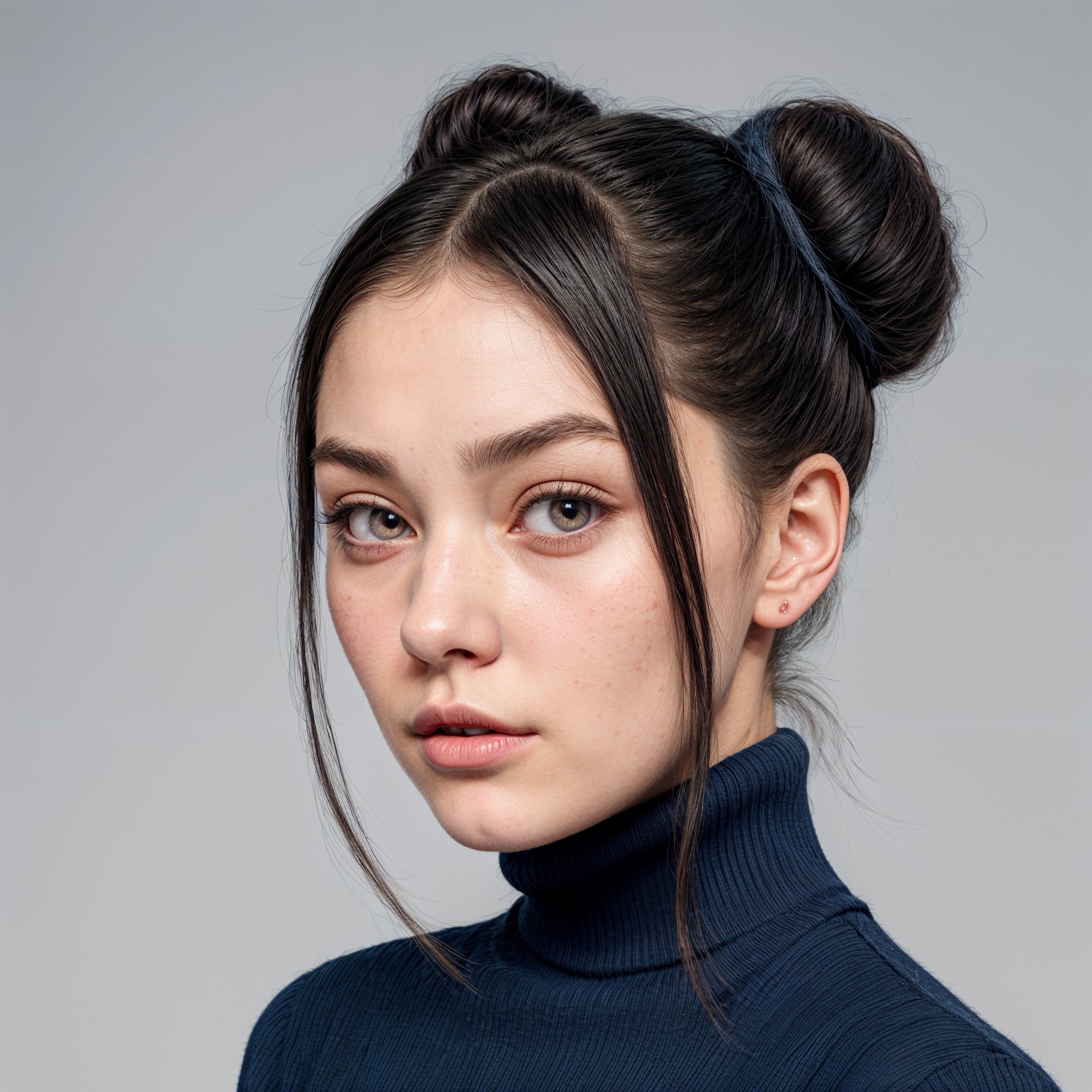 Young woman in turtleneck sweater with high buns