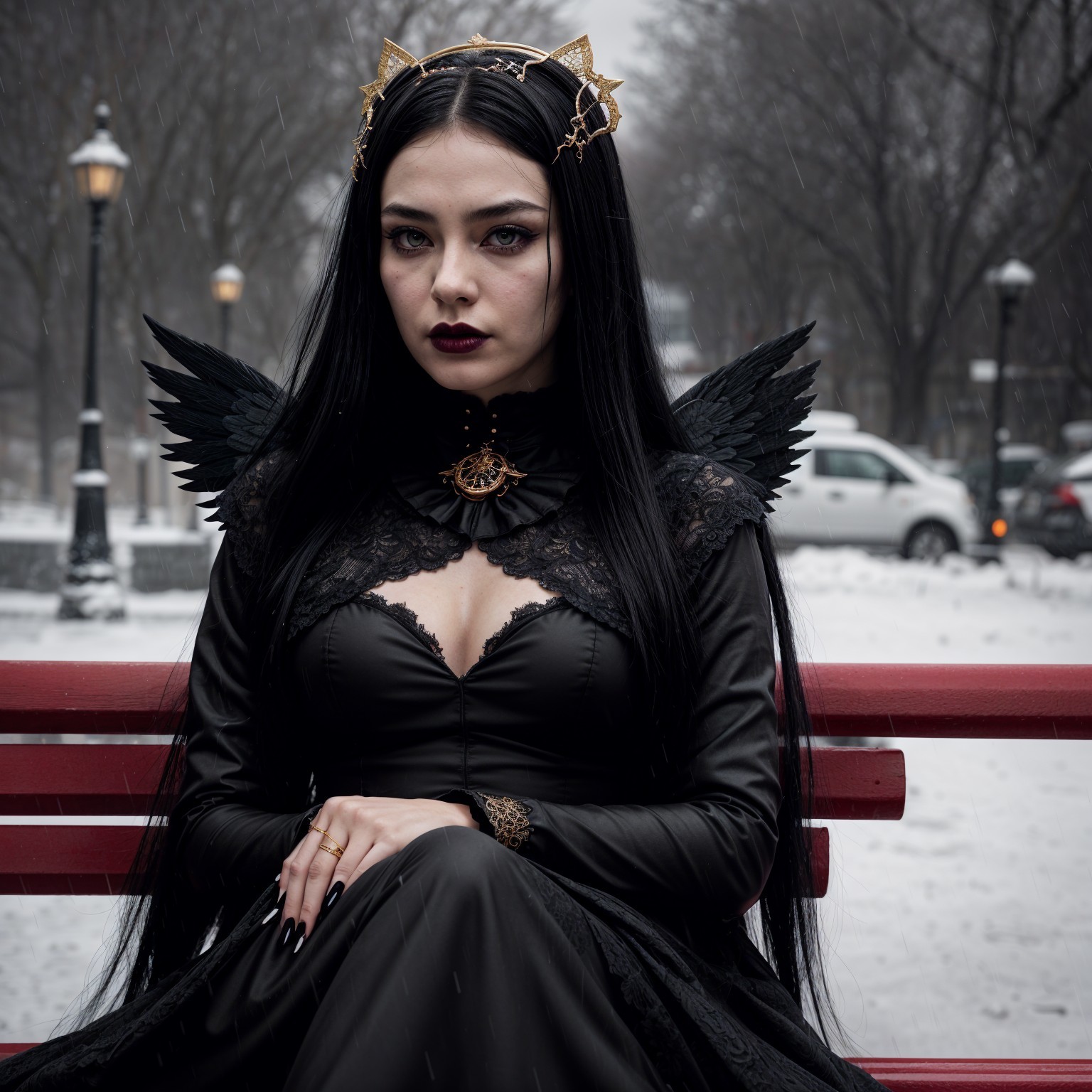 Gothic Figure in Black Gown on Red Bench in Snow