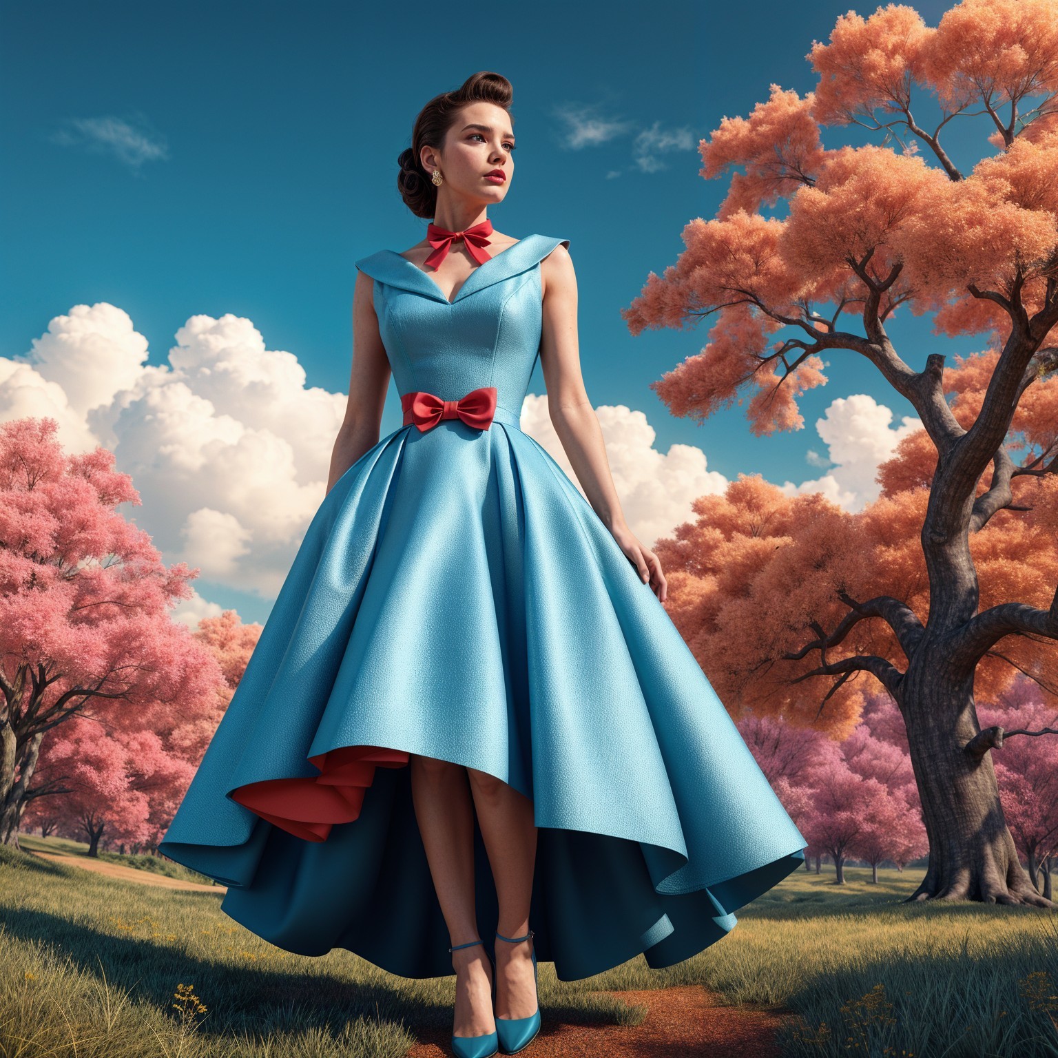 Elegant Woman in Blue Dress Amidst Blossoming Trees