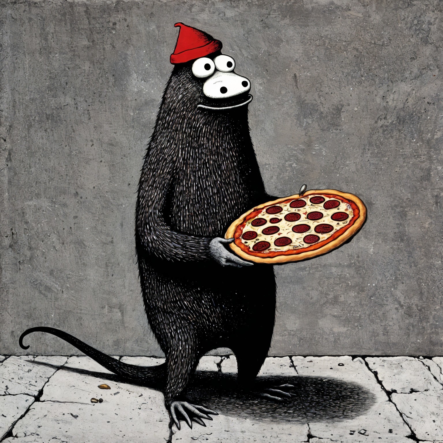 Cartoonish Creature with Pizza Against Gray Background