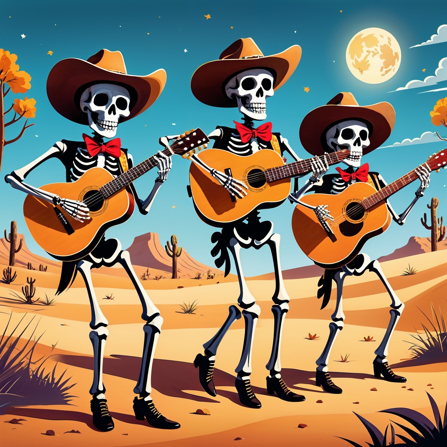 Vibrant Desert Scene with Skeletons Playing Guitars