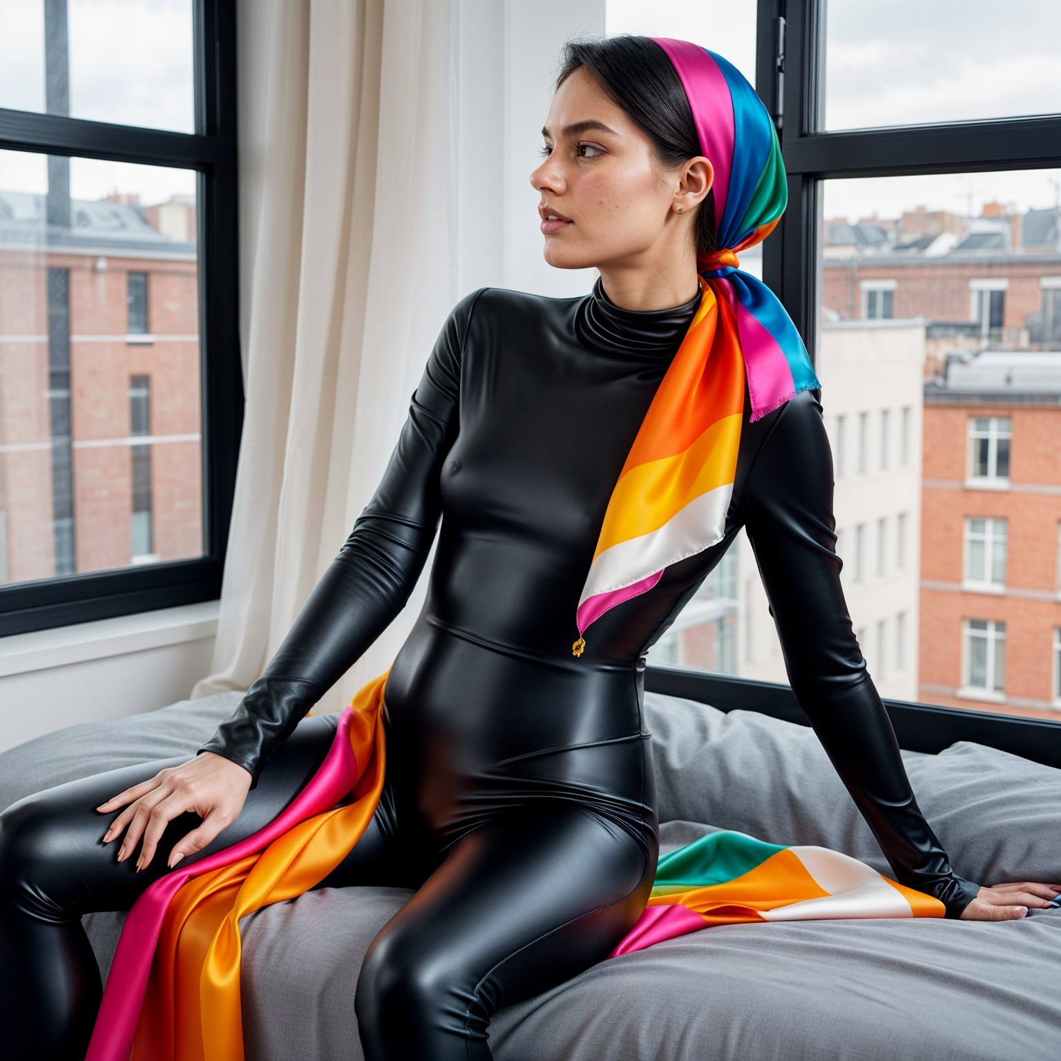Elegant Woman in Black Bodysuit with Colorful Scarf