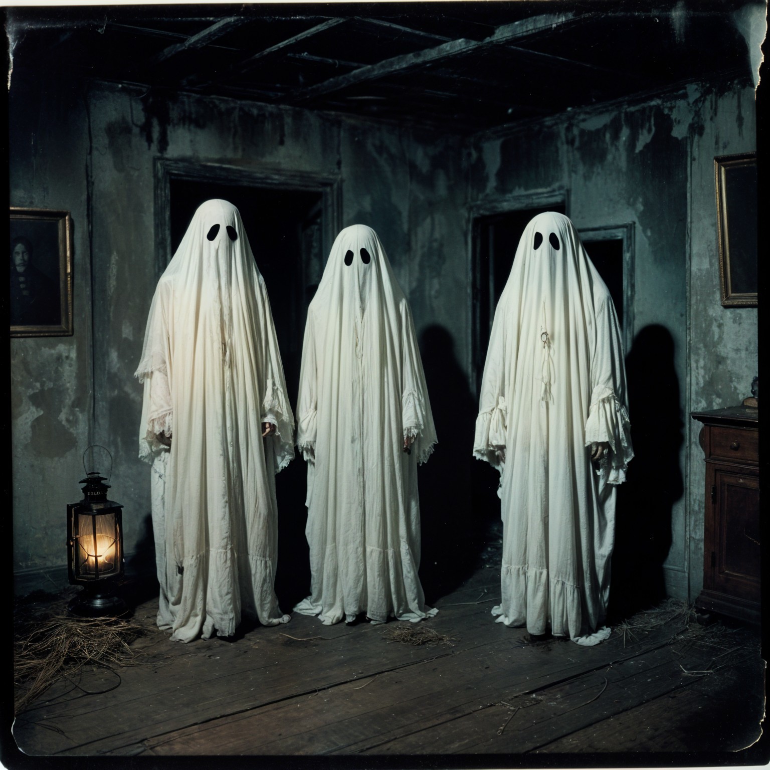 Ghostly Figures in a Dimly Lit, Eerie Room