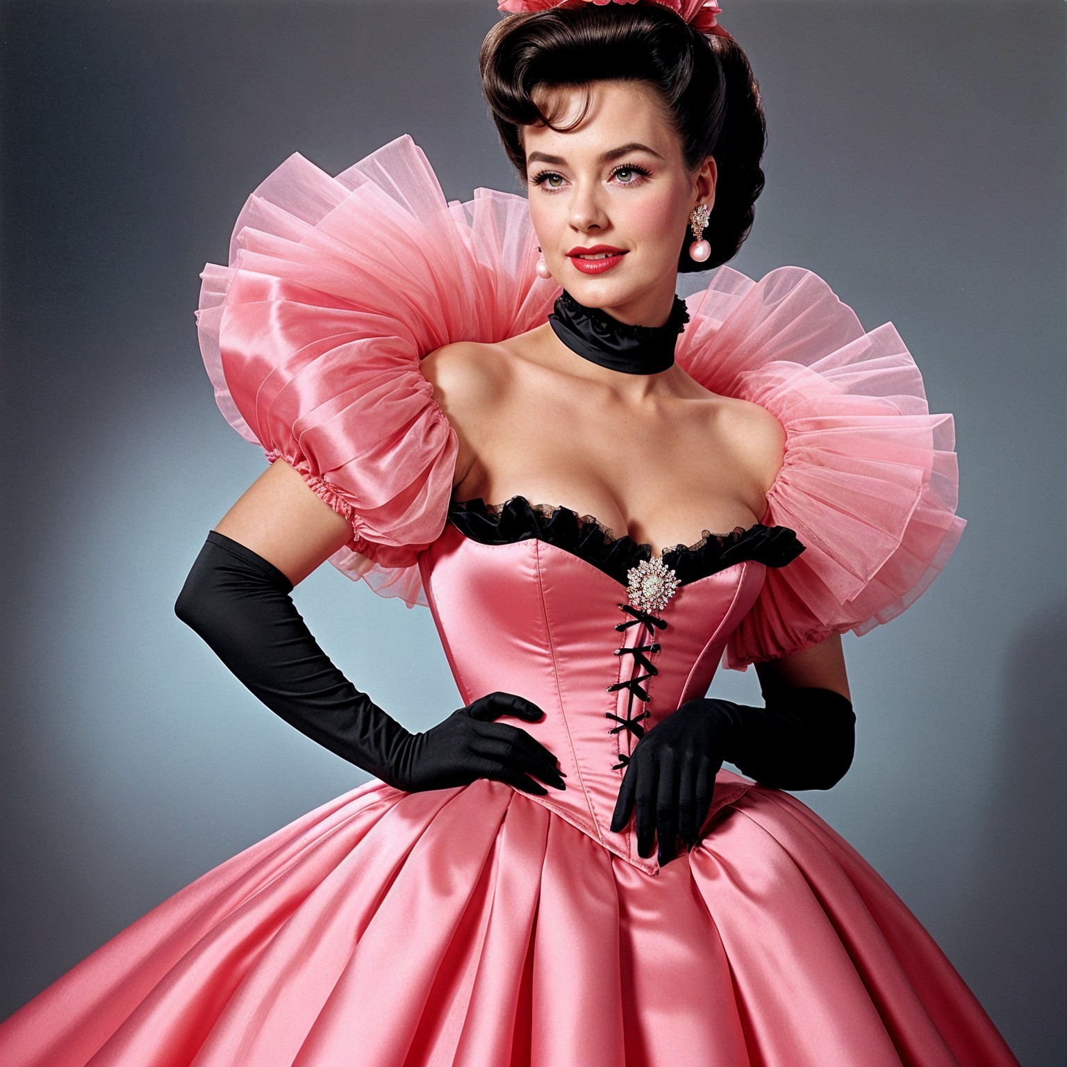 Elegant woman in glamorous pink gown with ruffles