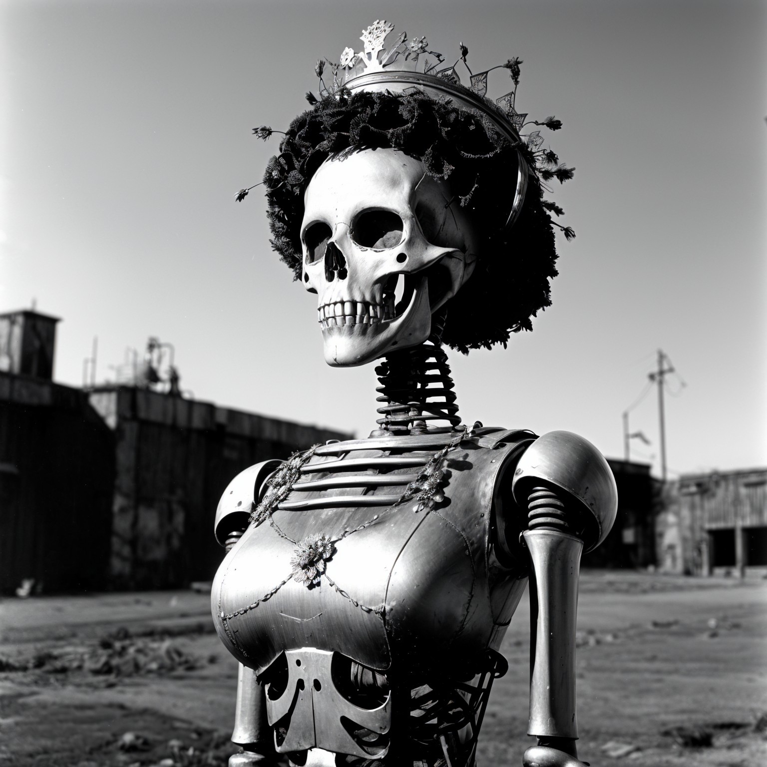 Metallic Skeleton with Crown in Desolate Setting