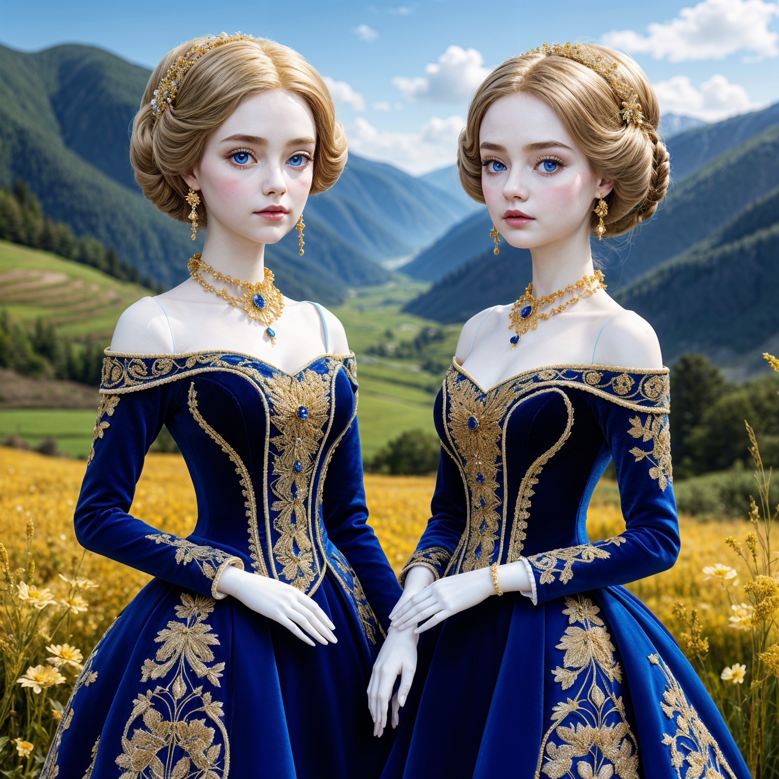 Dolls in Royal Blue Gowns in a Mountain Meadow